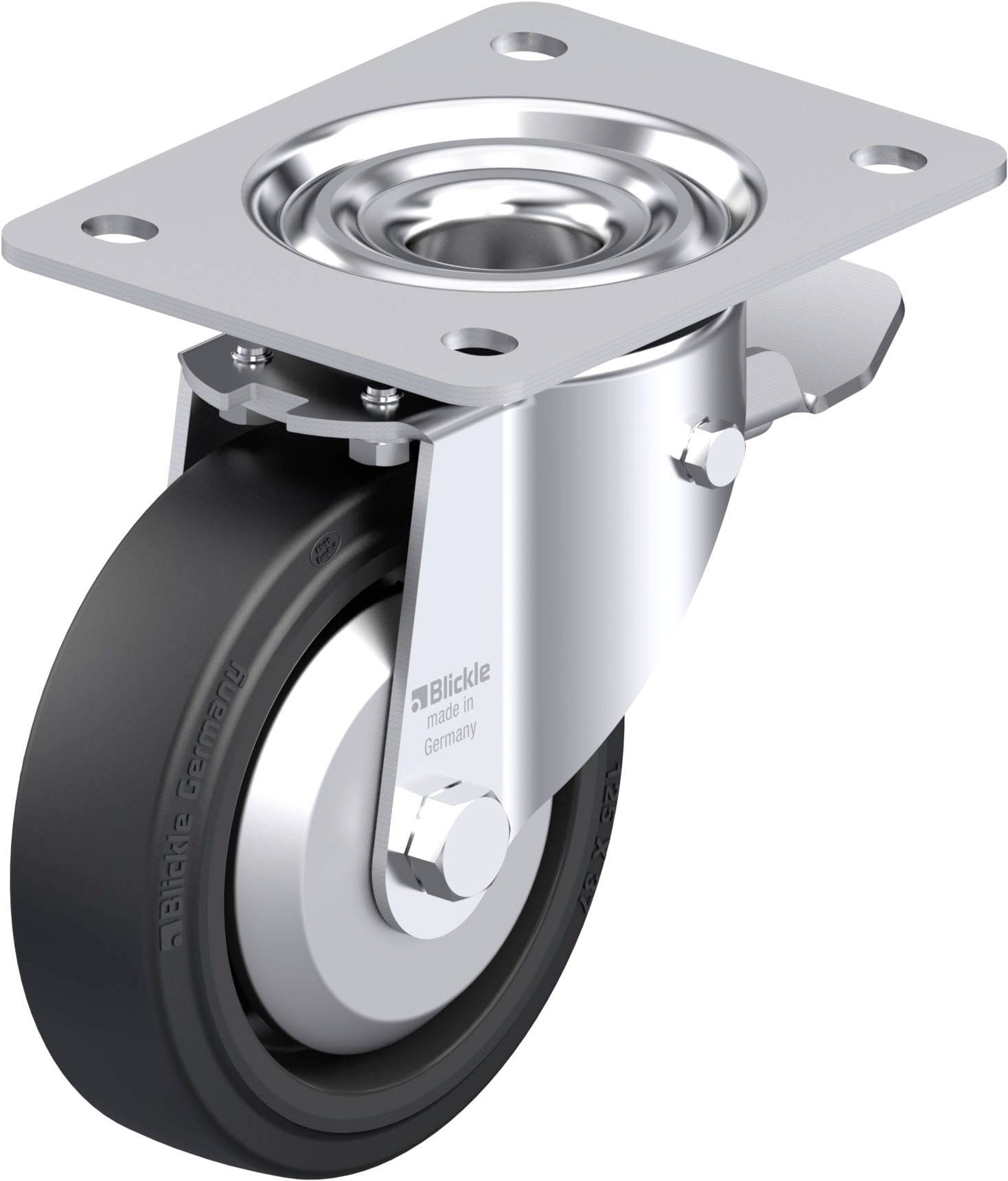 Eine robuste Lenkrolle aus Metall mit schwarzem Rad, geeignet für industrielle Anwendungen. Sie hat eine rechteckige Montageplatte.