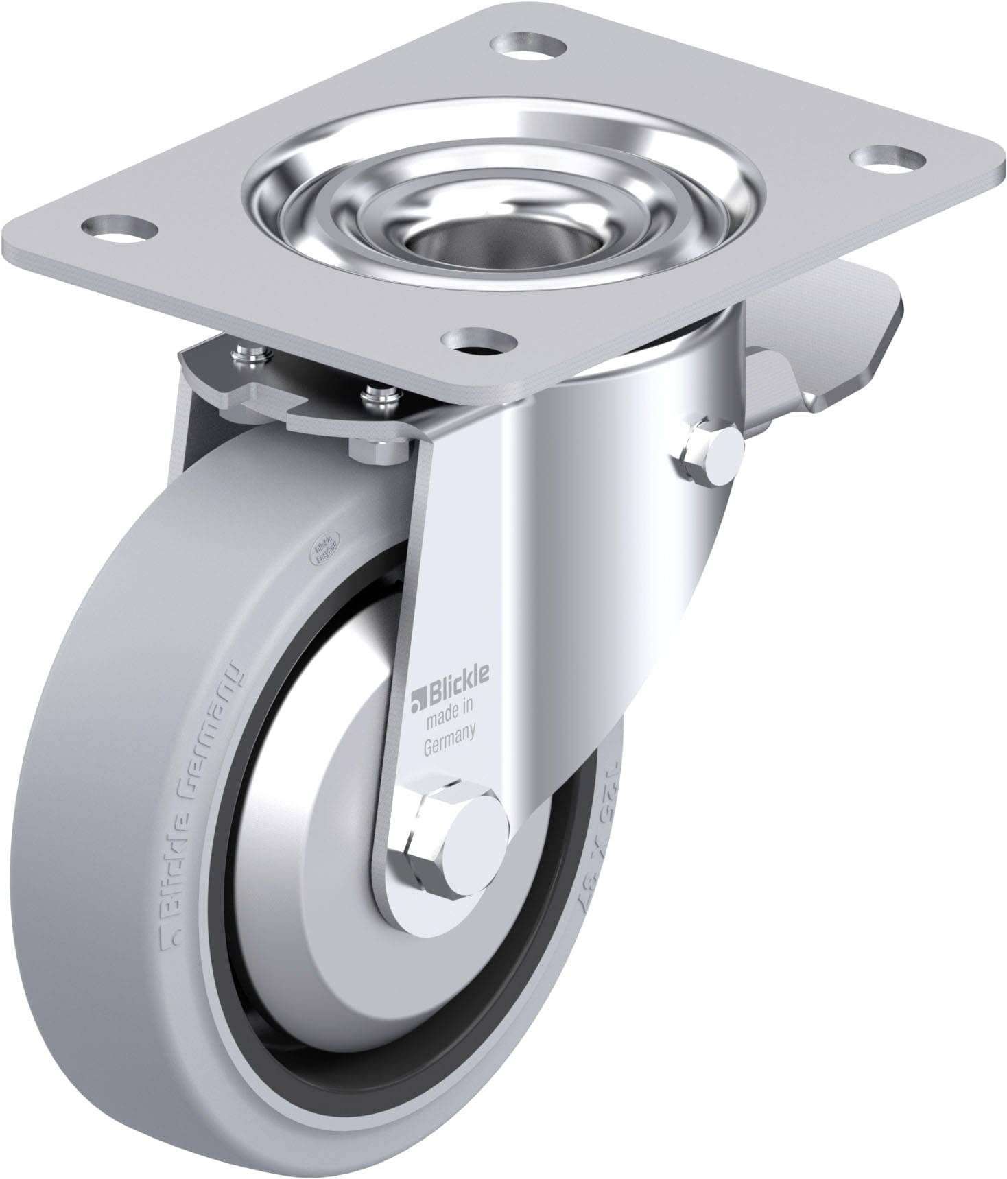 Metallisches Lenkrollenrad mit grauen Gummireifen und rechteckiger Montageplatte, geeignet für industrielle Anwendungen.