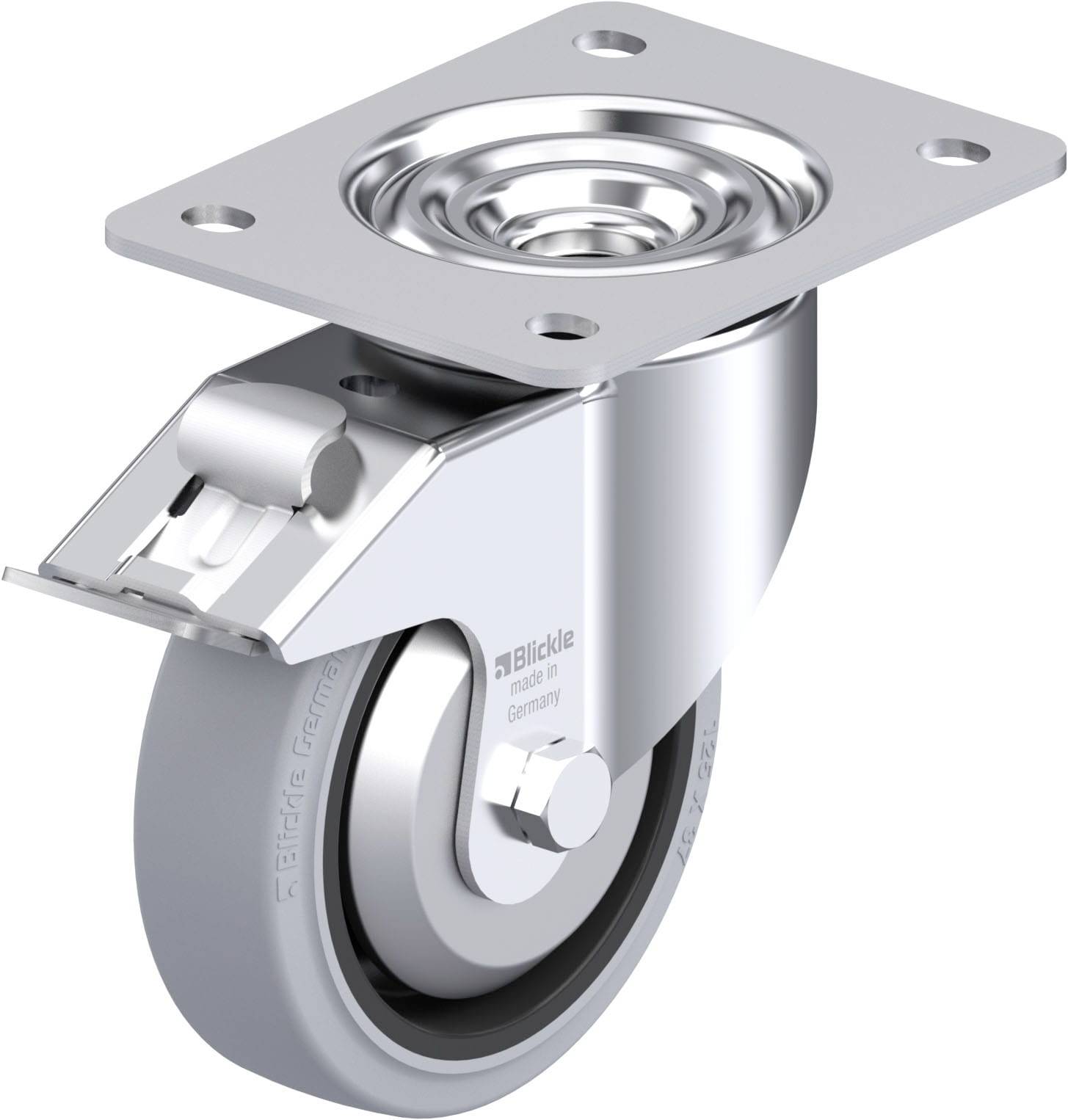 Schwenkrolle aus Metall mit grauem Rad in Halterung. Geeignet für Möbel oder Industrieanwendungen, bietet Beweglichkeit und Stabilität.