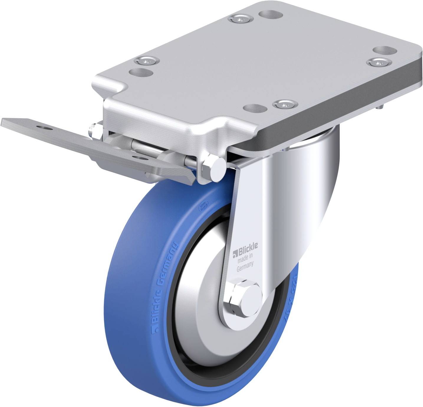 Industrierad aus Metall mit blauer Gummibereifung, montiert auf einer Metallplatte mit Befestigungsschrauben, für industrielle Nutzung.