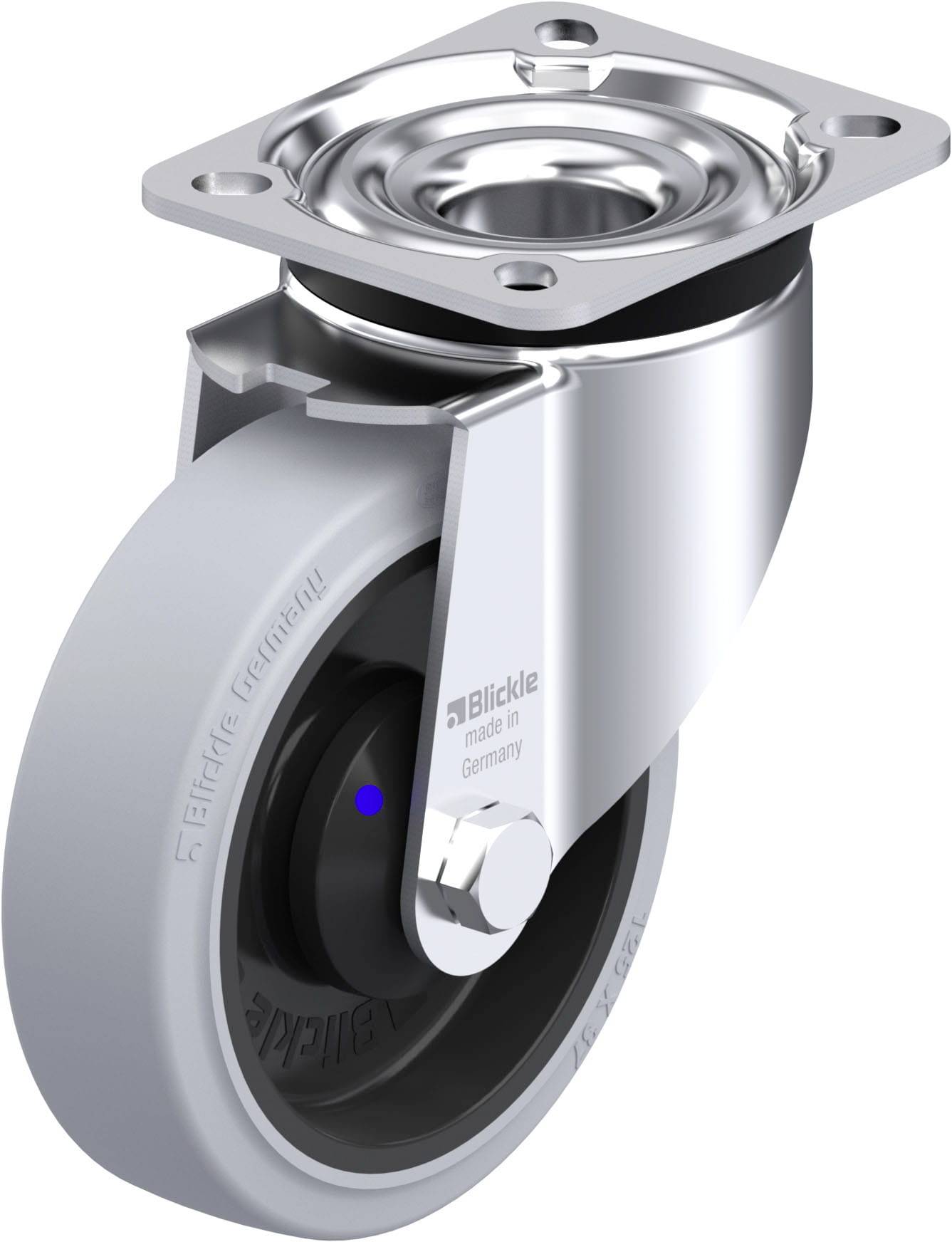 Metallrolle mit grauem Rad und beweglichem Montagerahmen, hergestellt in Deutschland von der Marke Blickle.
