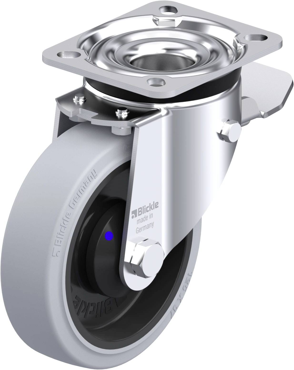 Kleine, drehbare Metall- und Gummirolle, markiert mit 'Blickle', montiert auf einer Platte, für Möbel oder Wagen.