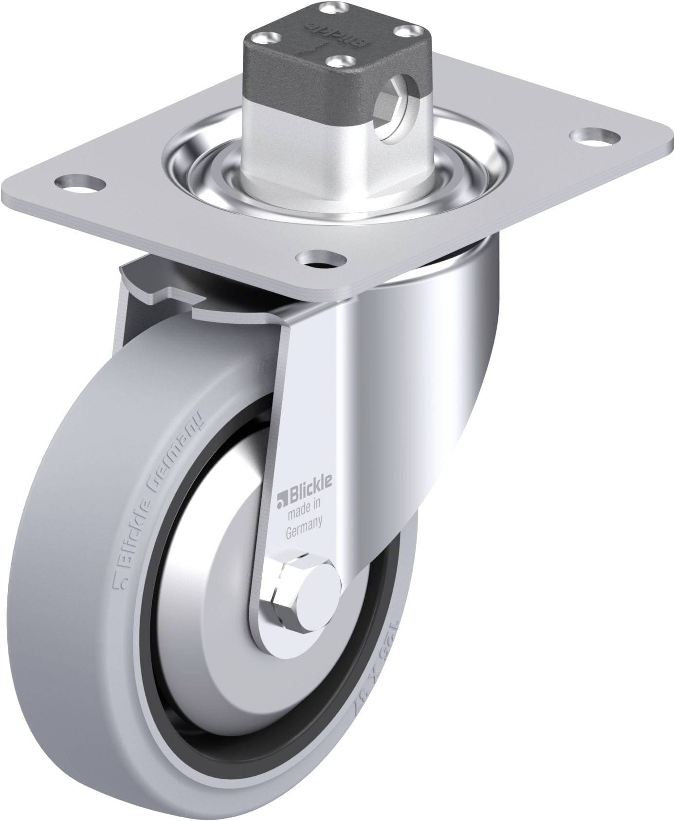 Industrie-Rolle aus Metall mit grauem Kunststoffrad, montierbar. Geeignet für Möbel oder industrielle Anwendungen.