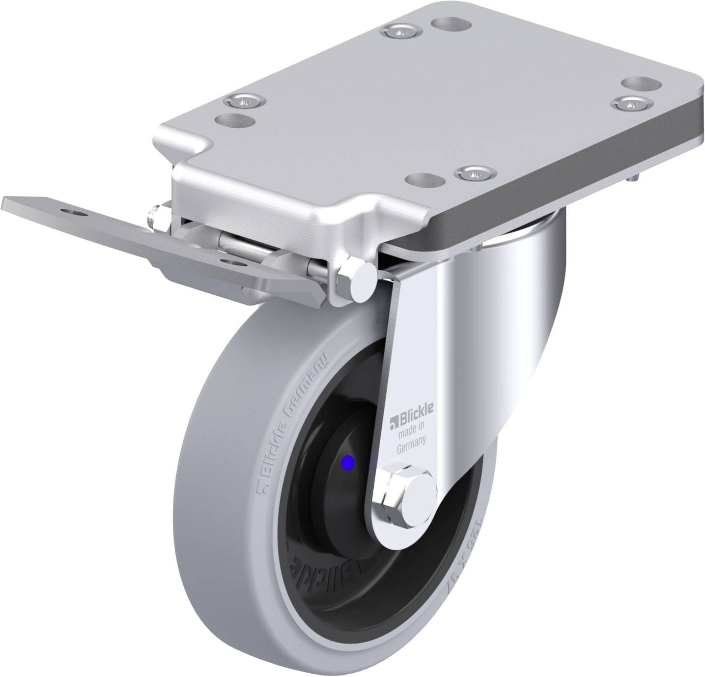 Drehbares Industrierad mit grauem Gummi und Metallgehäuse, geeignet für schwere Lasten, zeigt robuste Konstruktion.