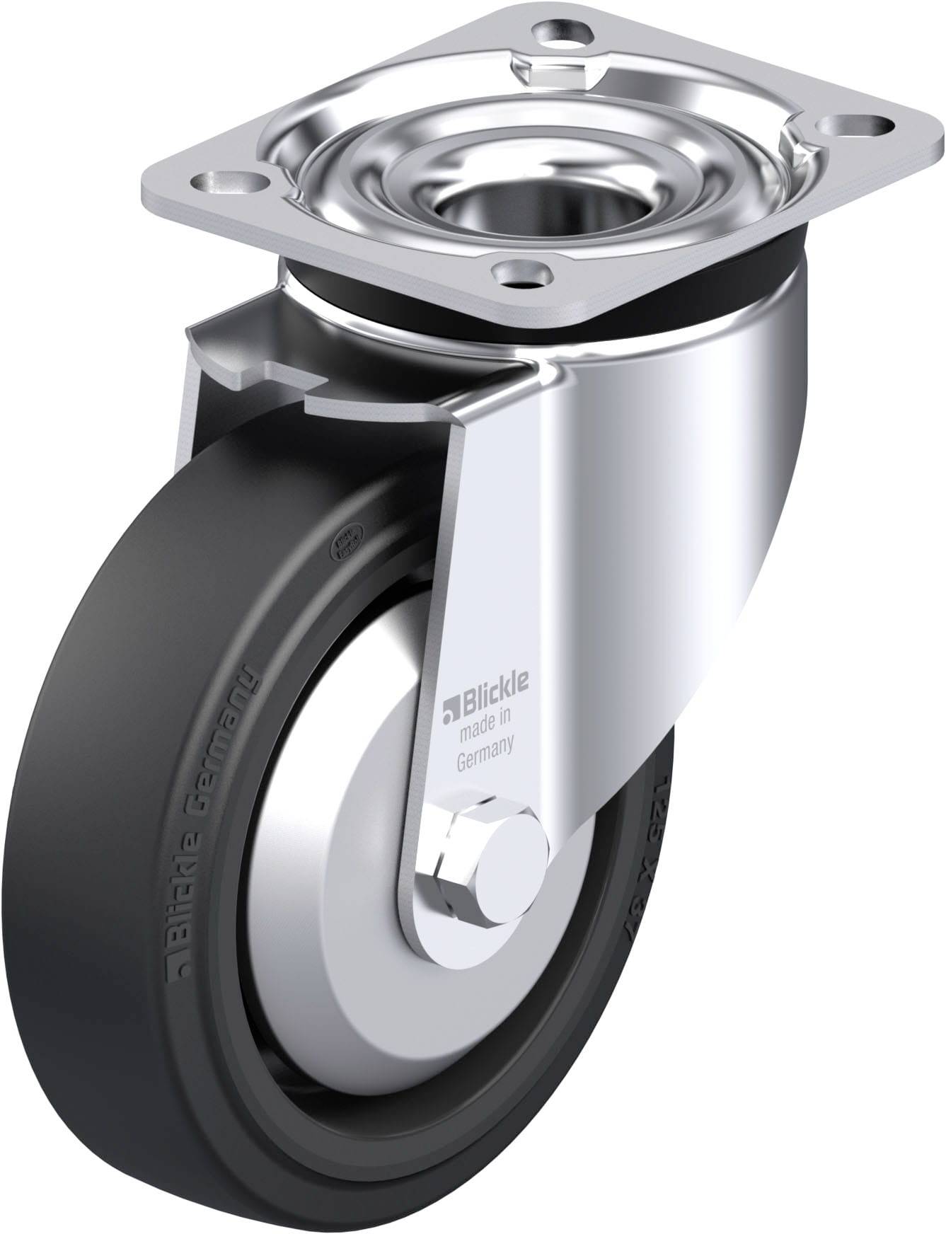 Eine robuste Lenkrolle aus Metall mit schwarzer Gummibereifung und einem Drehgelenk, geeignet für industrielle Anwendungen.