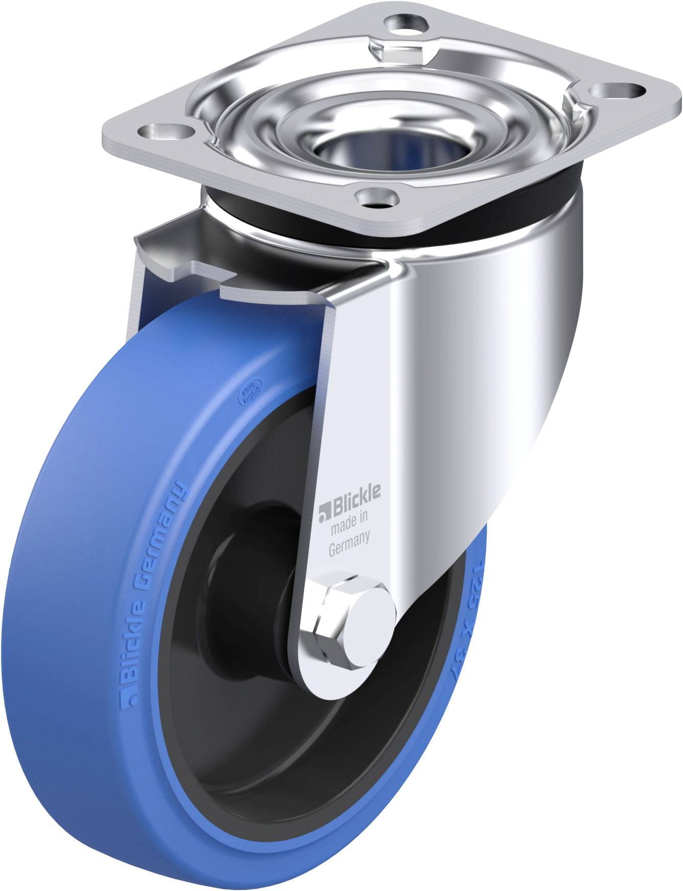 Blau-schwarzes lenkbares Rad mit Metallgehäuse und Montageplatte, für einfache Bewegung bei Möbeln oder Geräten.