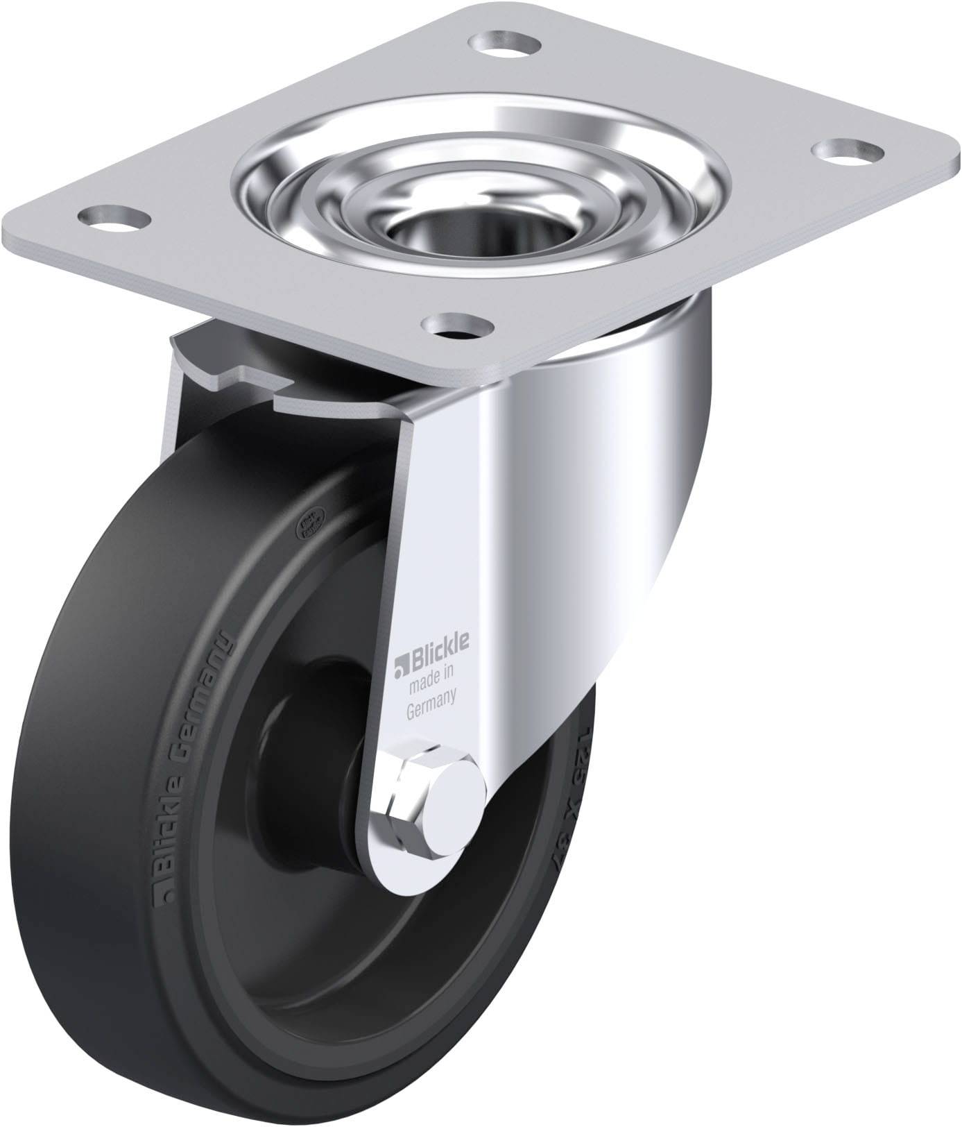 Schwenkrolle mit schwarzem Rad und silberner Befestigungsplatte, geeignet für leichte bis mittelschwere Lasten.
