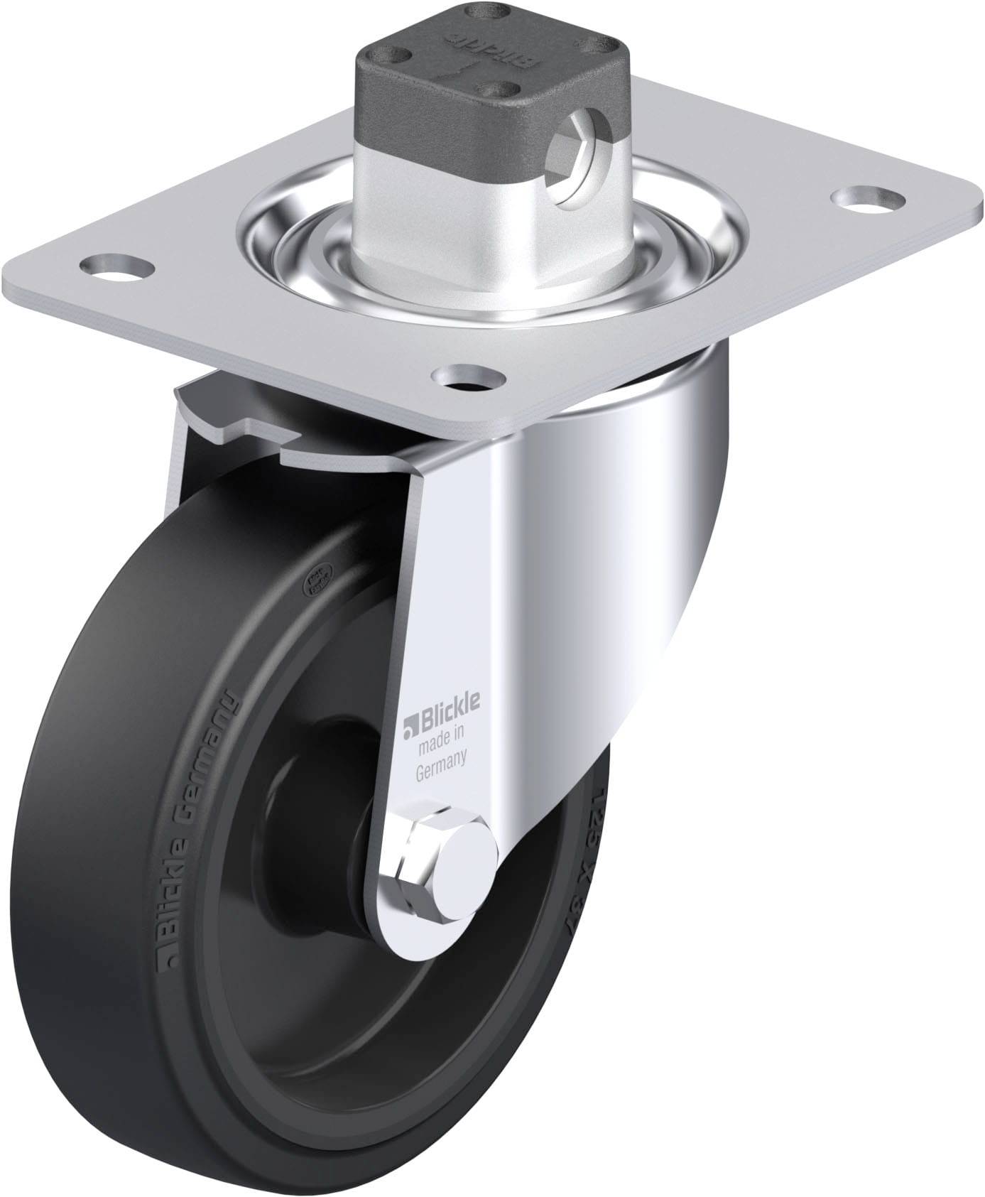 Schwenkrolle mit grauem Rad, silbernem Gehäuse und Befestigungsplatte, geeignet für den Einsatz an industriellen Geräten.