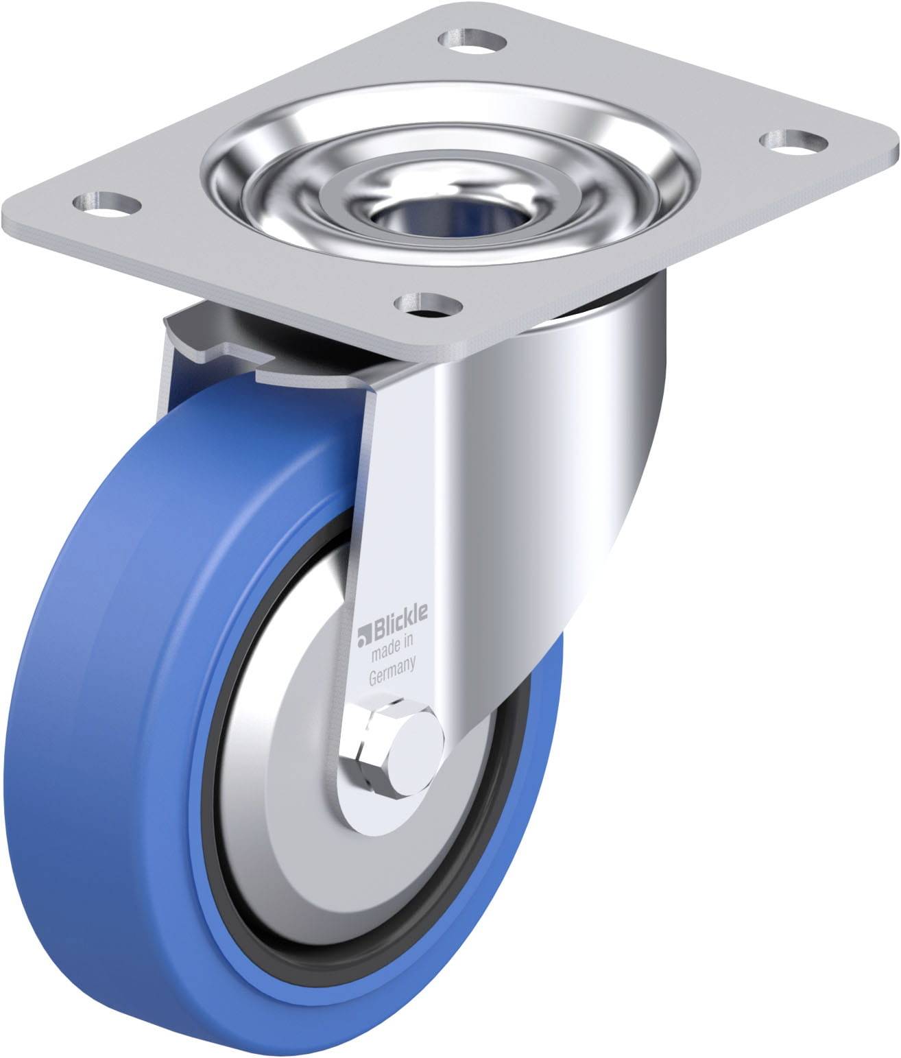 Rollenrad mit blauem Reifen und silbernem Halter. Geeignet für Möbel oder Geräte mit einer flachen Montageplatte.