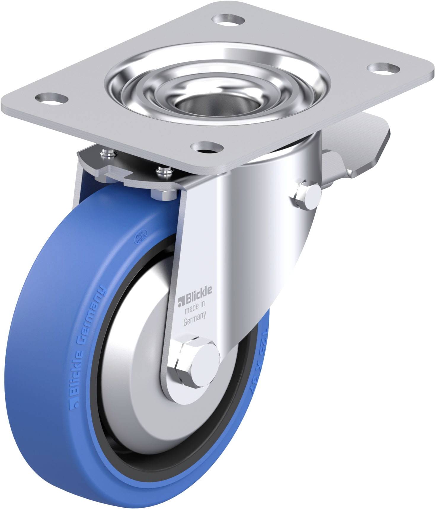 Schwenkrolle mit blauer Gummibereifung und silbernem Metallgehäuse, geeignet für Transportwagen oder Möbel.