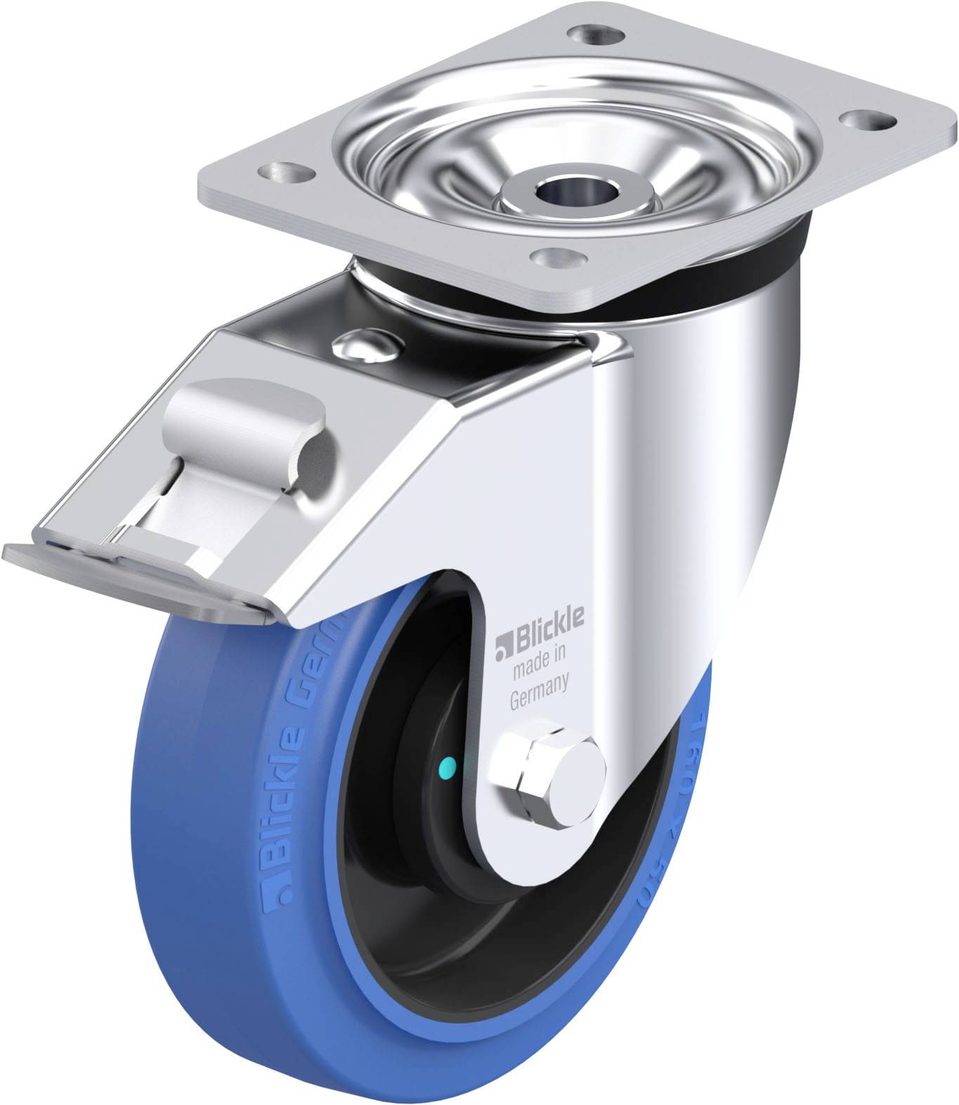 Metallrolle mit blauem Rad und schwenkbarem Gehäuse. Verwendet für industrielle Anwendungen zur leichten Bewegung von Geräten.
