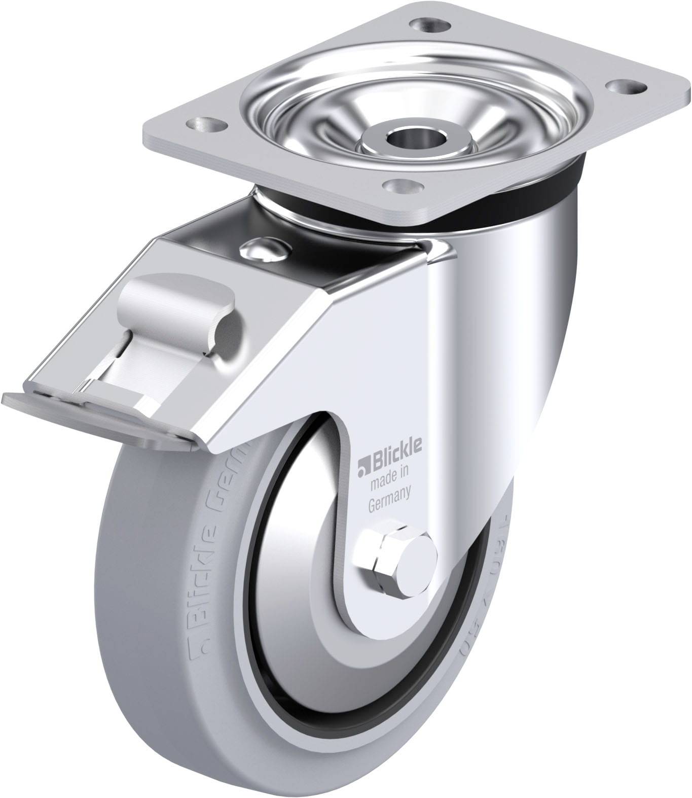 Lenkrolle mit silbernem Metallgehäuse und grauem Rad. Geeignet für Möbel oder Transportwagen, markiert mit 'made in Germany'.