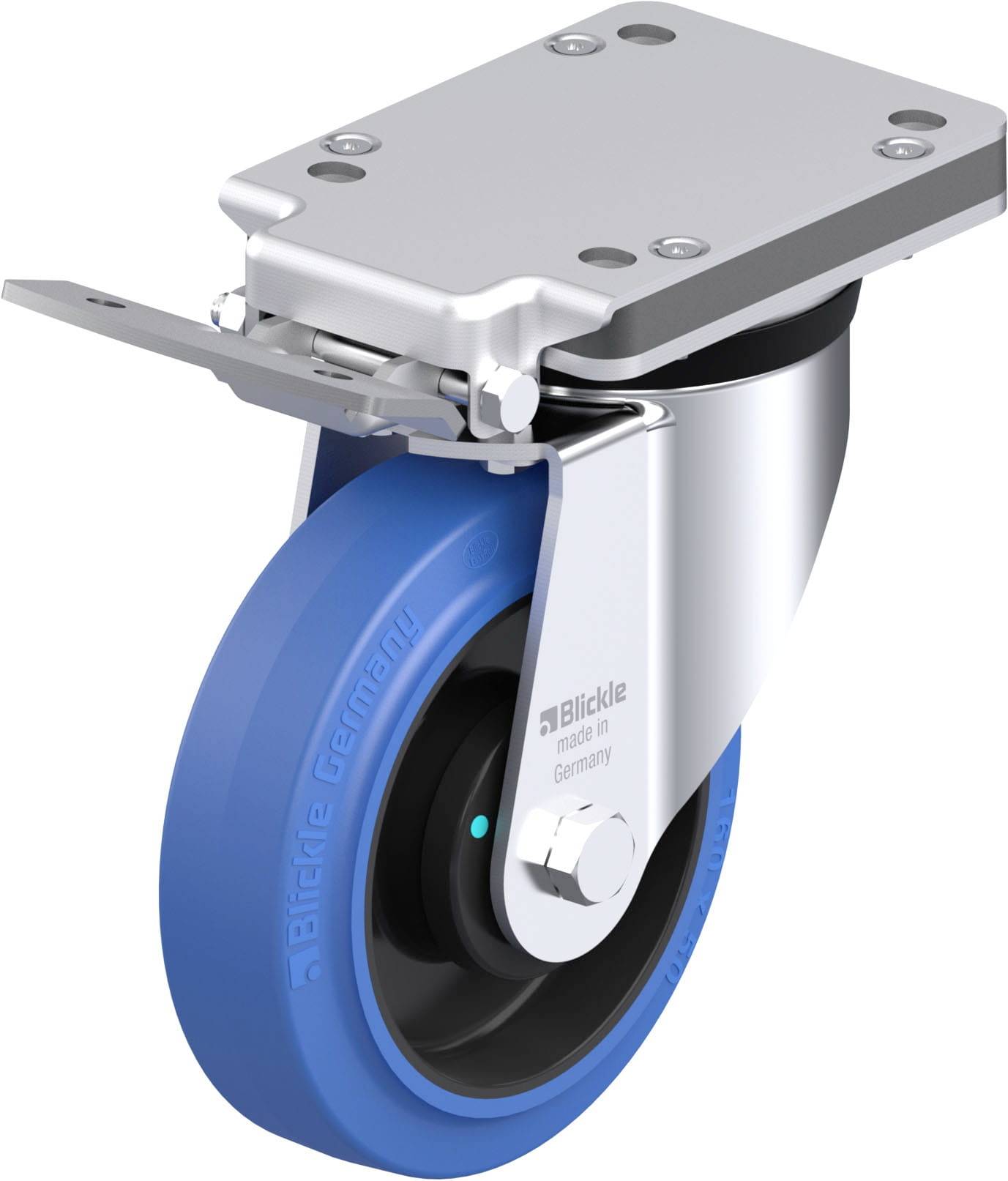 Industrie-Rolle von Blickle, blau, mit Bremse, für schwere Lasten.