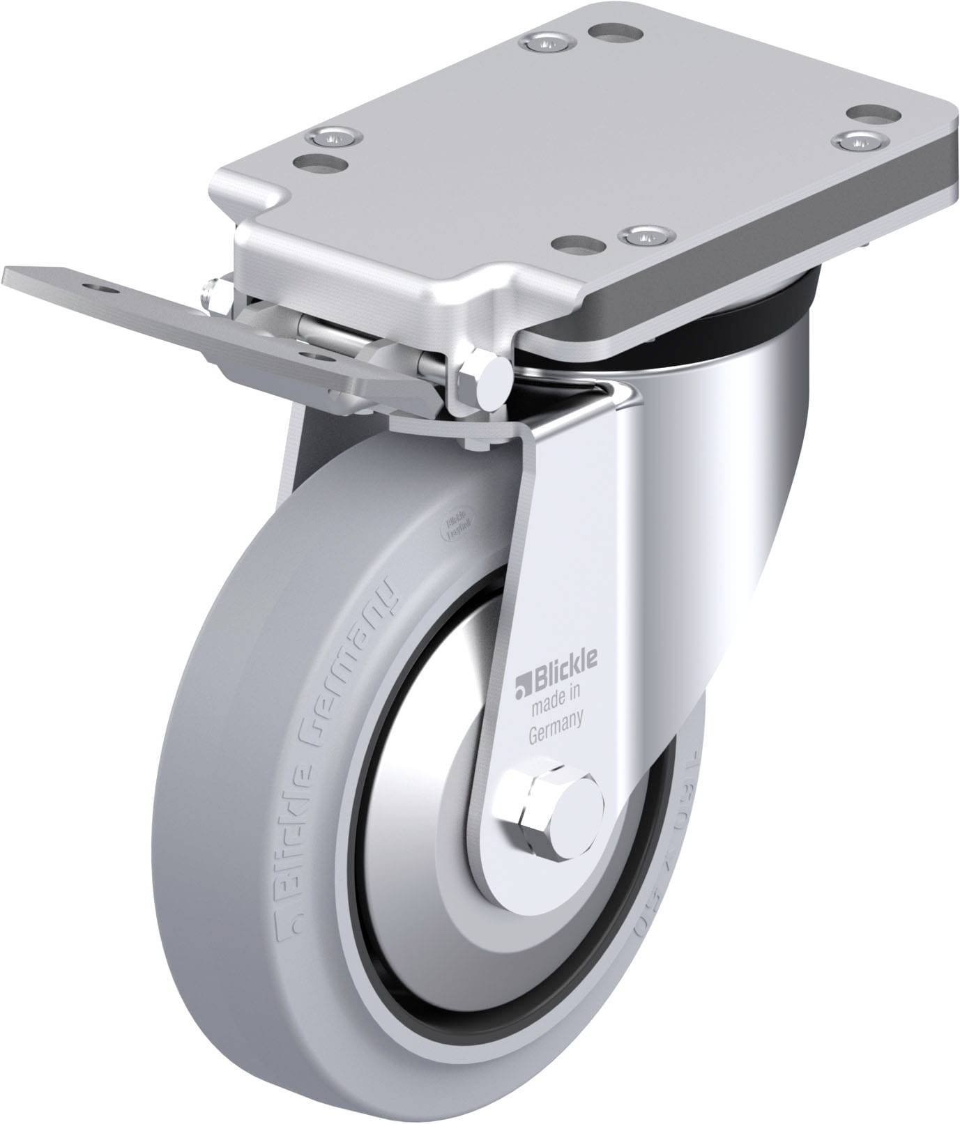 Schwenkrolle mit grauem Rad und silbernem Metallgehäuse, geeignet für den Einsatz an Möbeln oder Transportwagen.