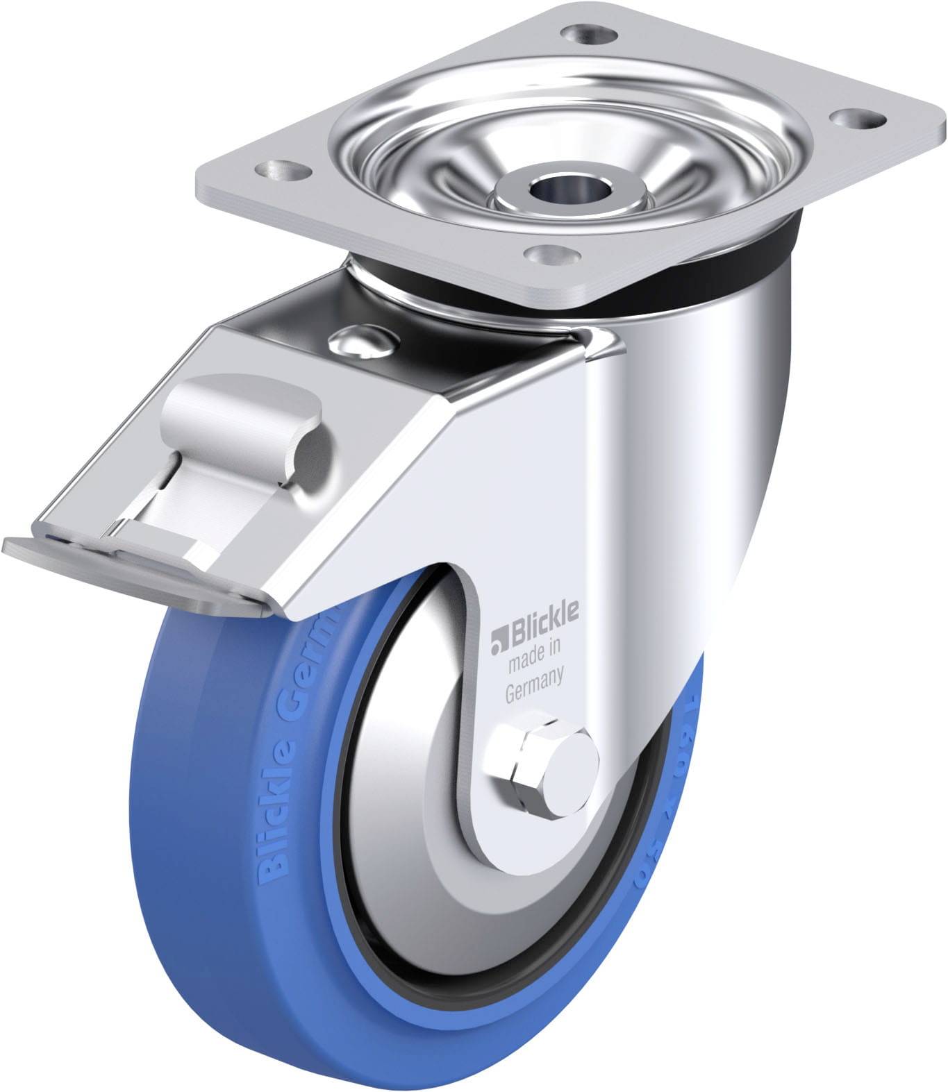 Industrie-Rolle mit blauem Rad und silbernem Metallgehäuse, hergestellt von Blickle in Deutschland. Ideal für schwere Lasten.