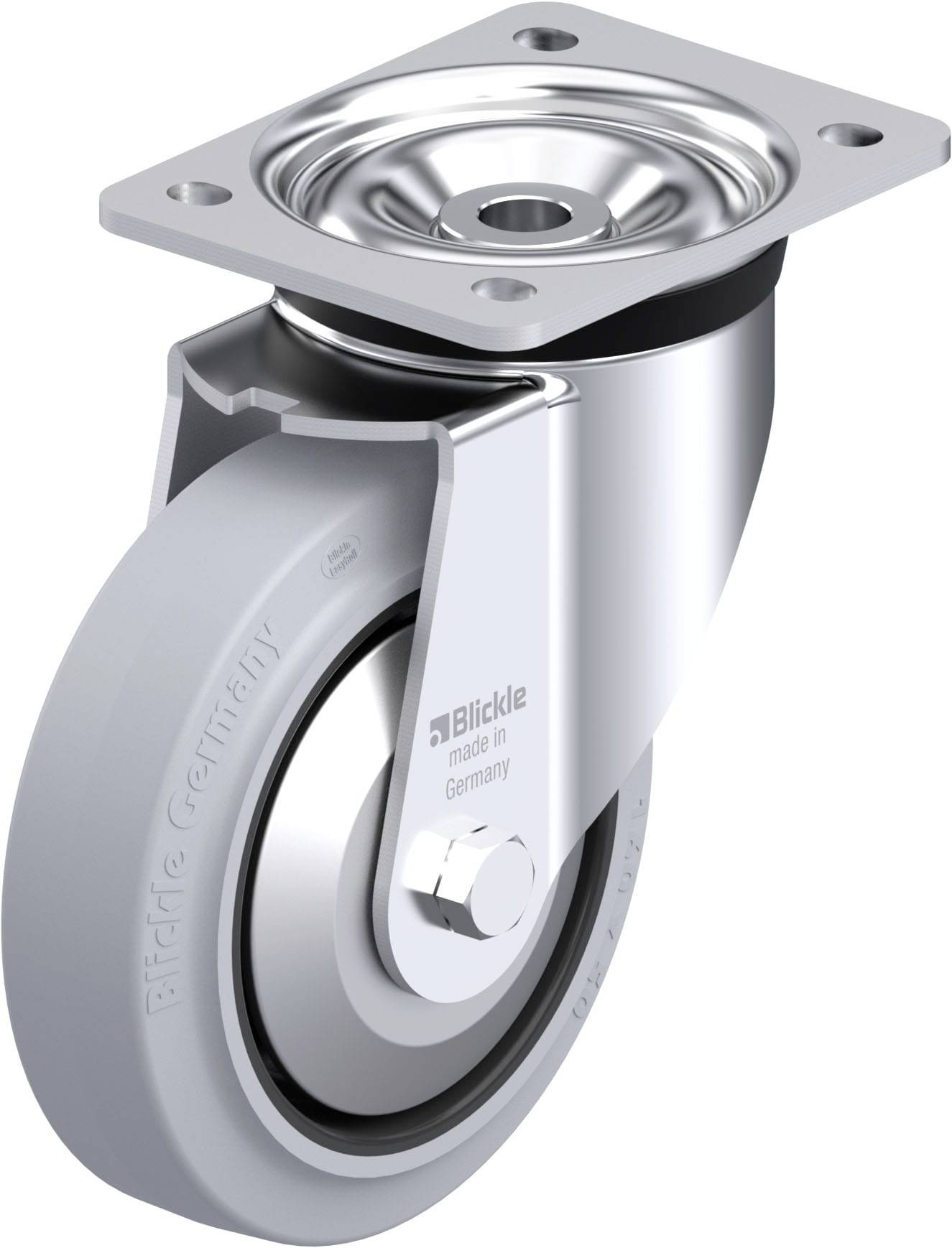 Schwenkrolle mit grauem Rad und silbernem Metallgehäuse, geeignet für Industriemaschinen, zeigt das Logo 'Blickle' und 'made in Germany'.