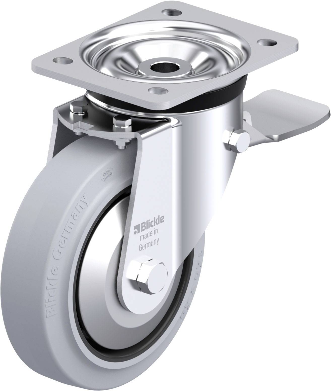 Industrie-Schwenkrolle aus Metall mit grauem Gummirad, seitlichem Bremspedal und Markenaufdruck 'Blickle'.