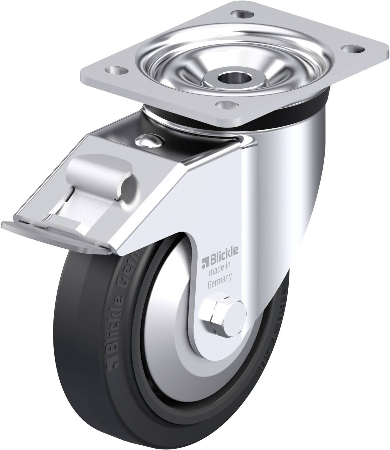 Metall-Lenkrolle mit Bremse, schwarzem Rad und silbernem Gehäuse. Oben eine Befestigungsplatte. Aufschrift: 'made in Germany'.