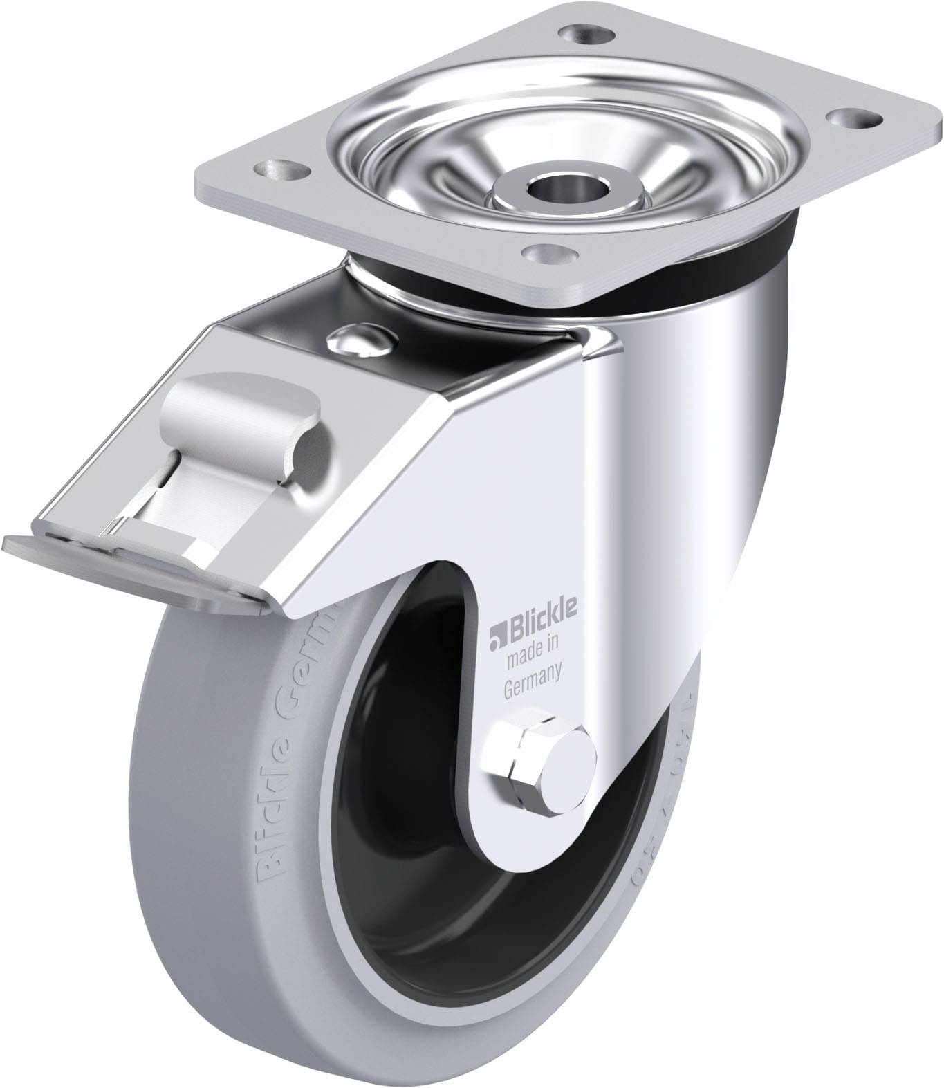Drehbar Rollen mit Bremse, aus Metall und Gummi, mit Aufschrift 'Blickle made in Germany'. Verwendet für einfache Mobilität von Gegenständen.