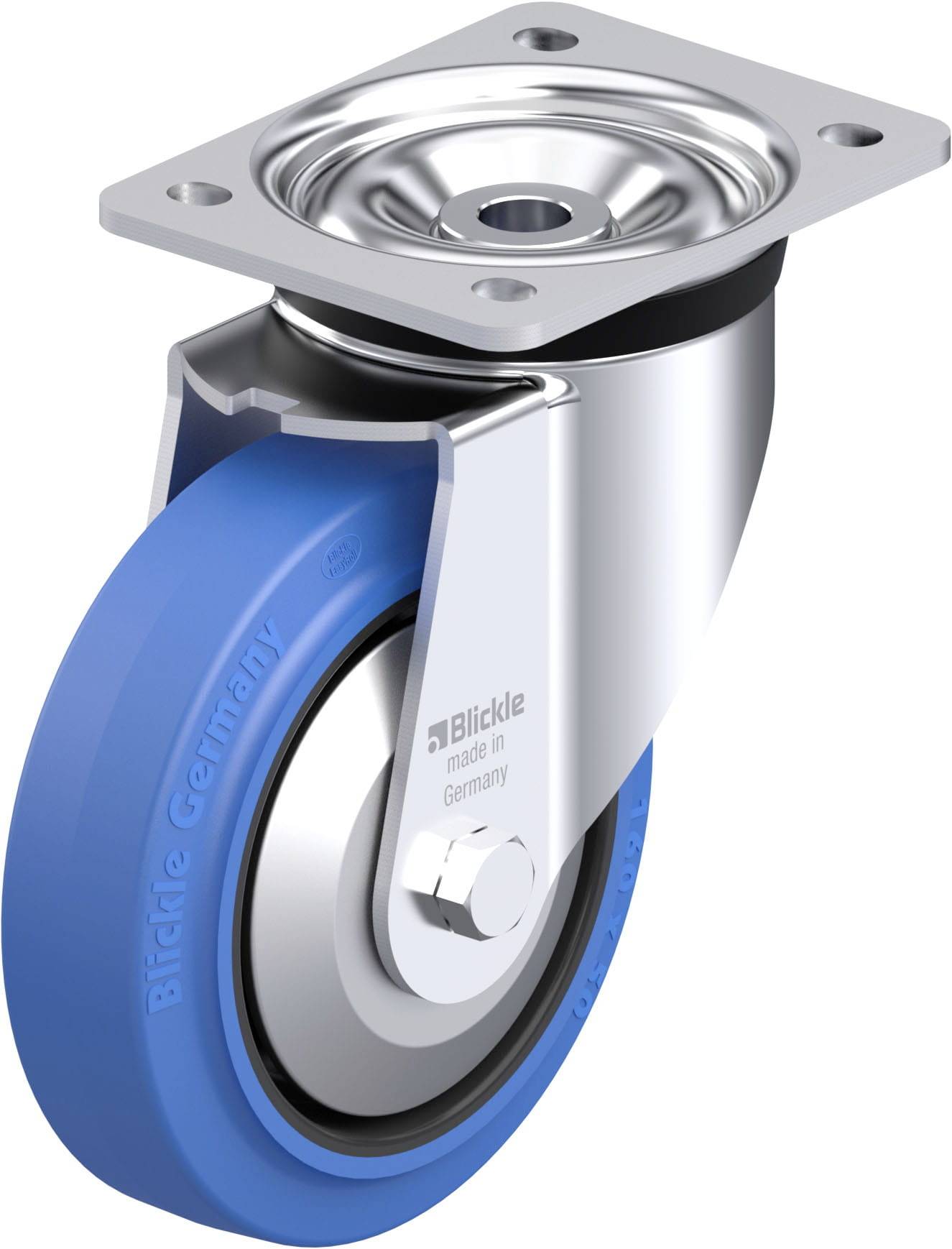 Ein blaues Lenkrolle mit Metallgehäuse und Befestigungsplatte, hergestellt in Deutschland.