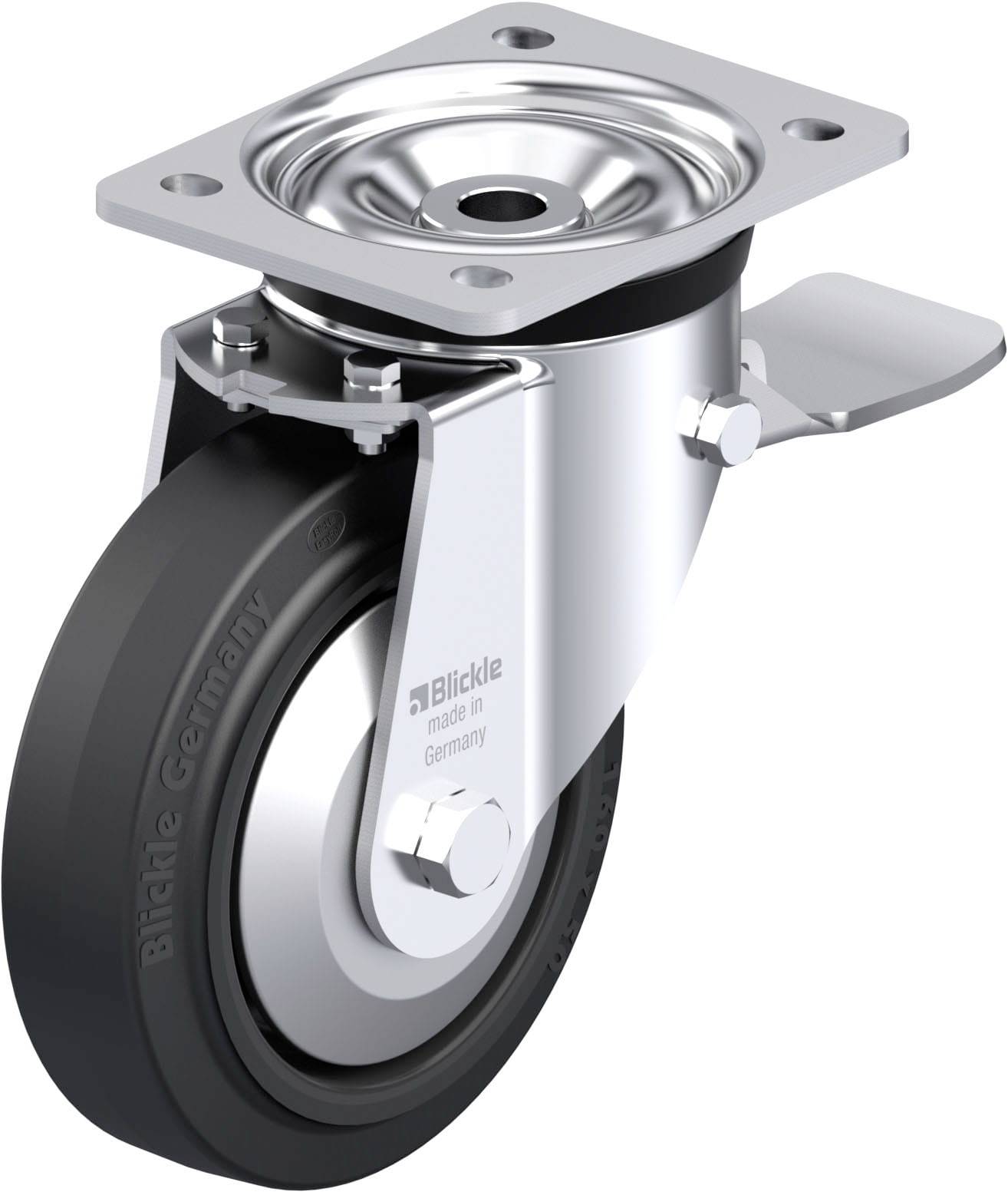 Industrie-Rolle aus Metall mit schwarzem Rad und Bremshebel. Auf der Seite steht 'Blickle made in Germany'.
