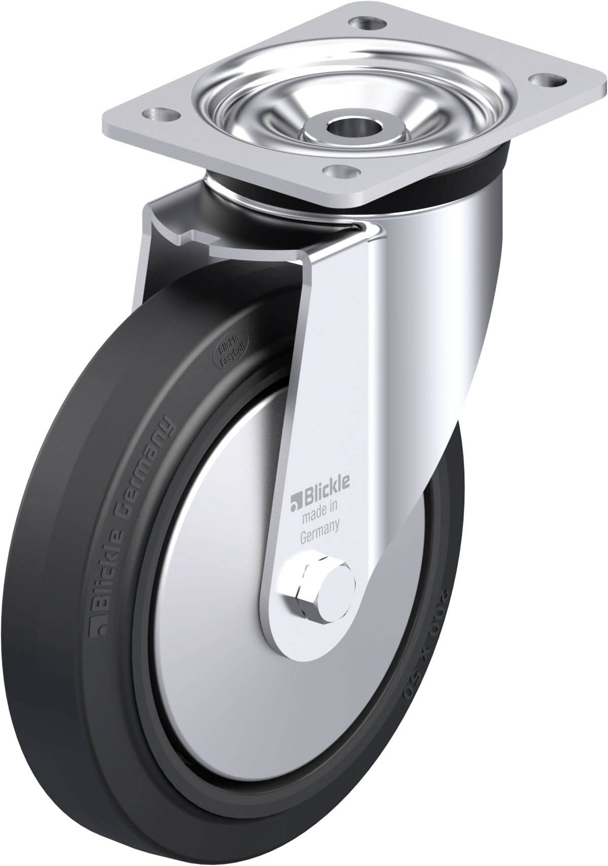 Industrierolle mit schwarzem Gummirad, silbernem Metallgehäuse und Befestigungsplatte, geeignet für schwere Lasten und Maschinen.