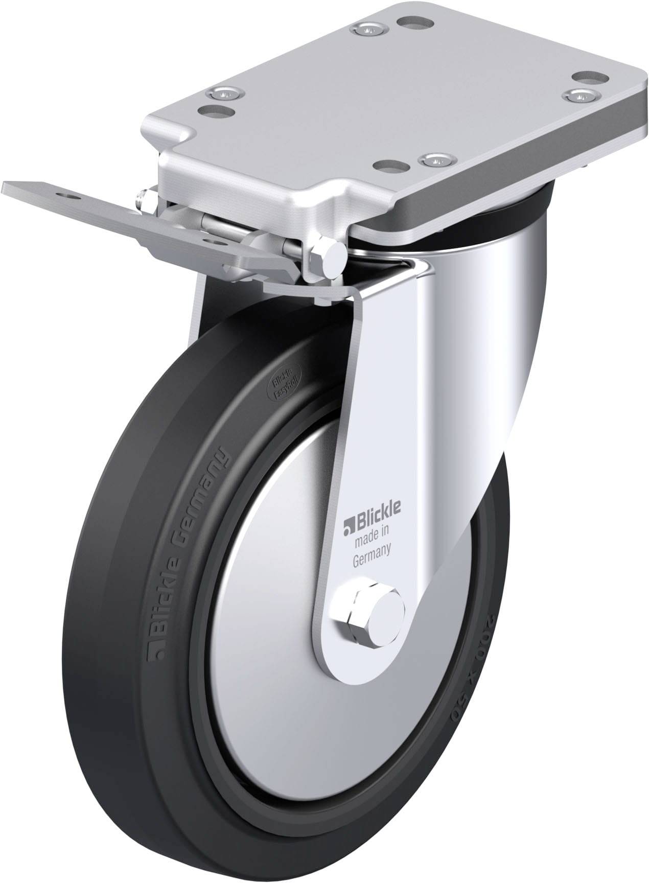 Industrie-Lenkrolle mit Stehblock, schwarzes Rad, silbernes Metallgehäuse, geeignet für schwere Lasten, Marke auf Gehäuse sichtbar.