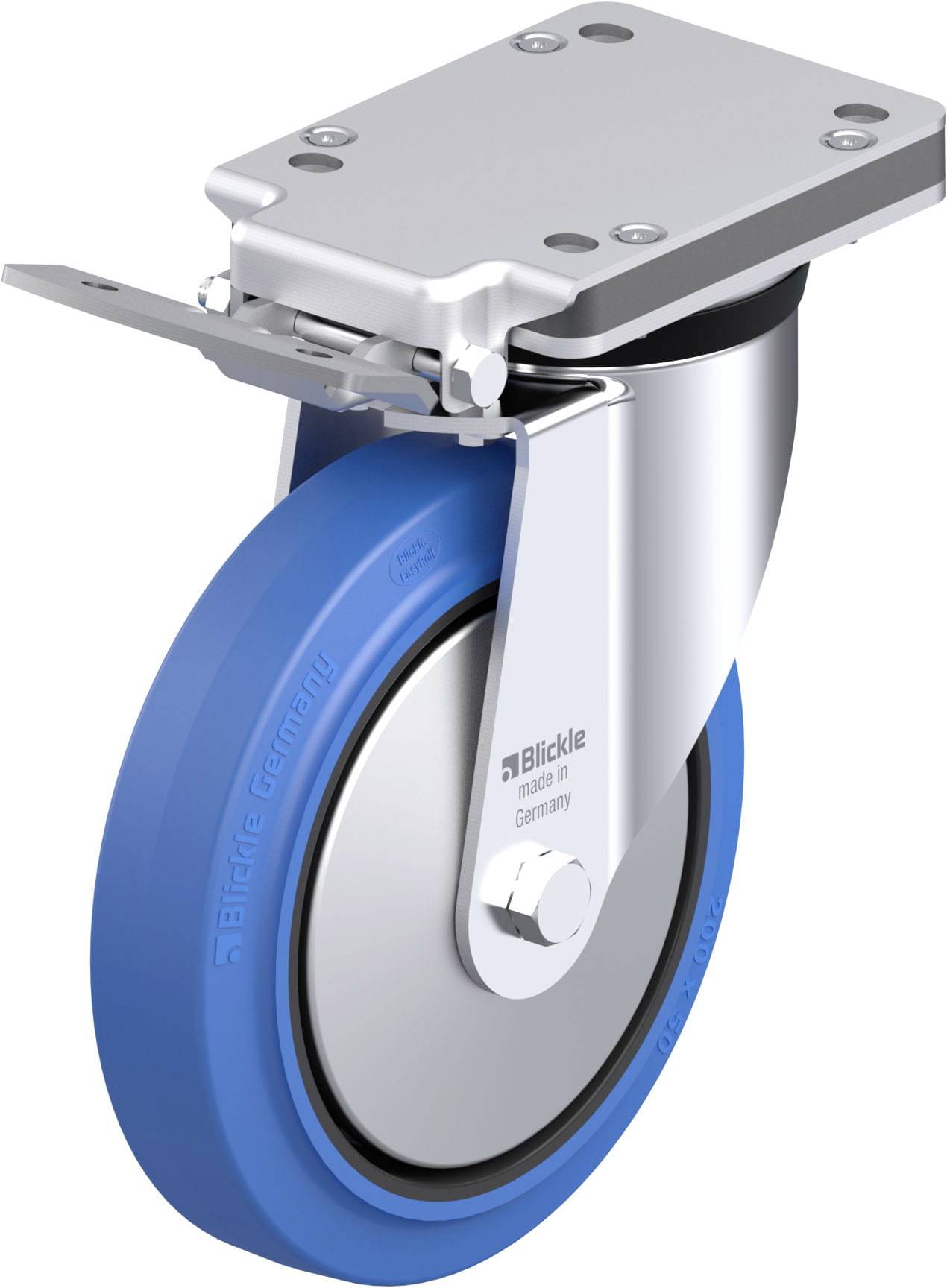 Rolle mit blauem Gummireifen, metallischem Gehäuse und Montageplatte, geeignet für schwere Lasten und industrielle Anwendungen.