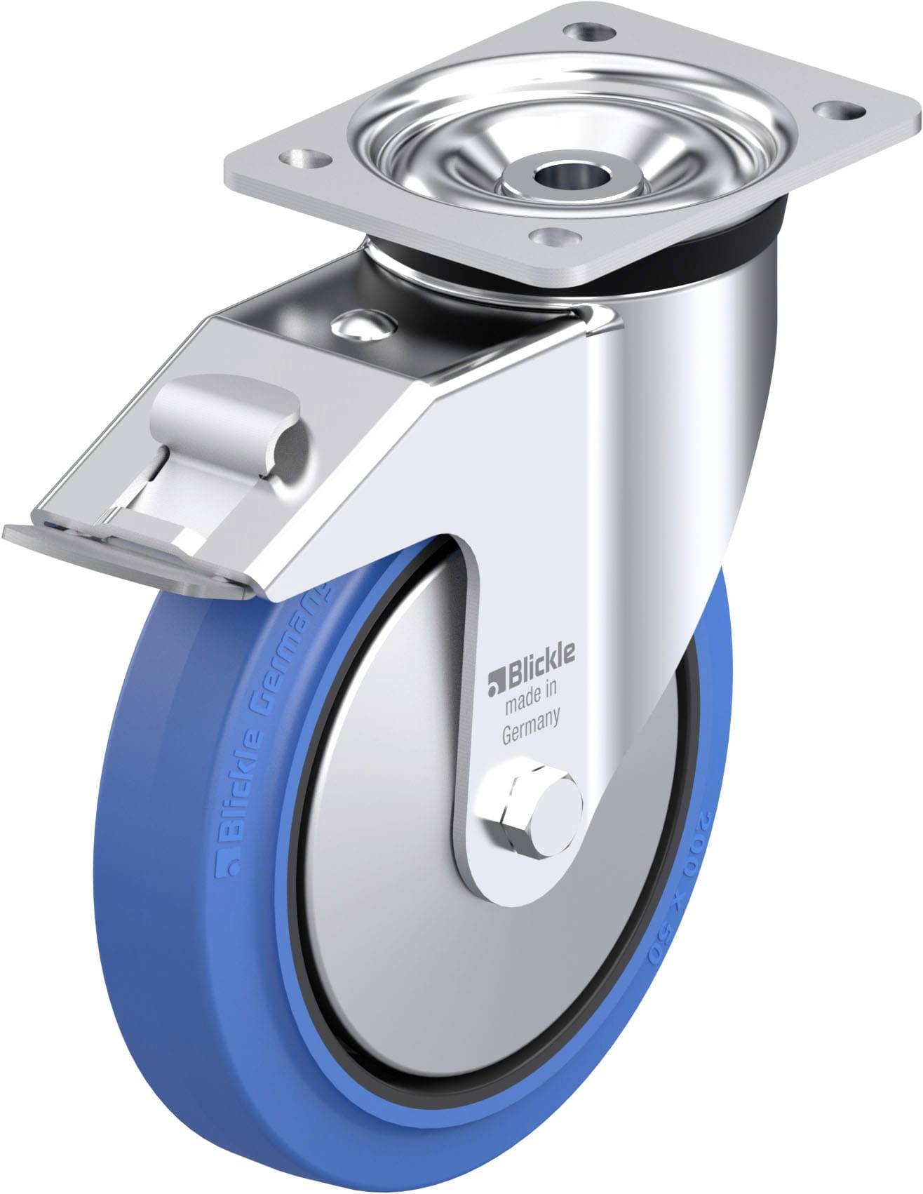 Industrielle Lenkrolle mit blauem Rad und montierter Metallplatte. Auf der Rolle steht 'Blickle made in Germany'.