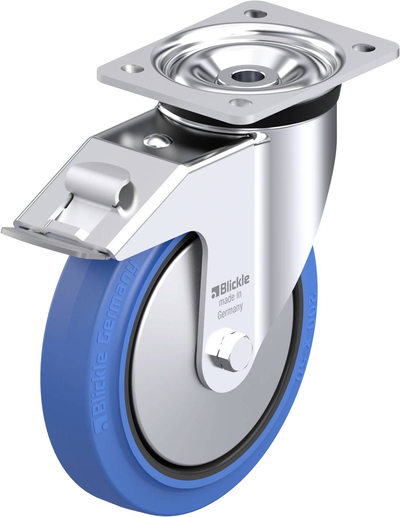Schwenkrolle mit blauem Gummireifen und silbernem Gehäuse. Text auf der Rolle: 'Blickle made in Germany'.