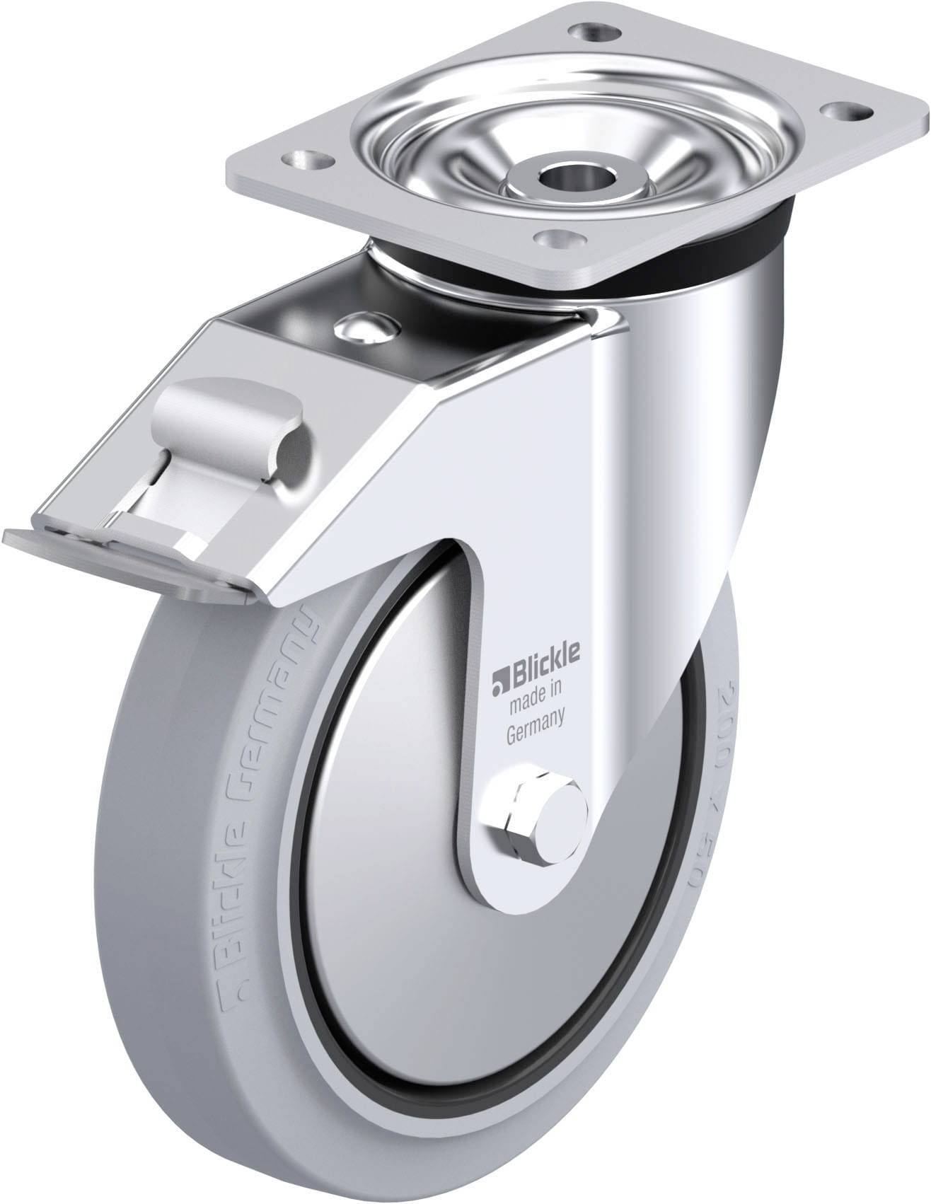 Hochwertige Lenkrolle aus Edelstahl mit grauer Gummibereifung, geeignet für Industrieanwendungen. Dreh- und feststellbar.