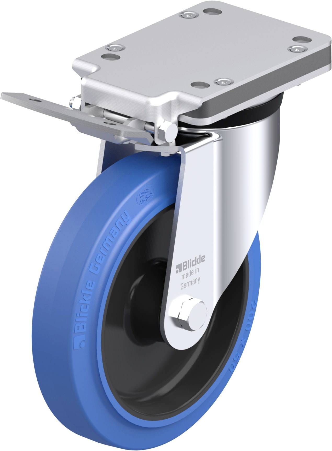 Schwenkrolle mit blauem Gummirad und Metallgehäuse, entwickelt für industrielle Anwendungen, bietet Beweglichkeit und Stabilität.