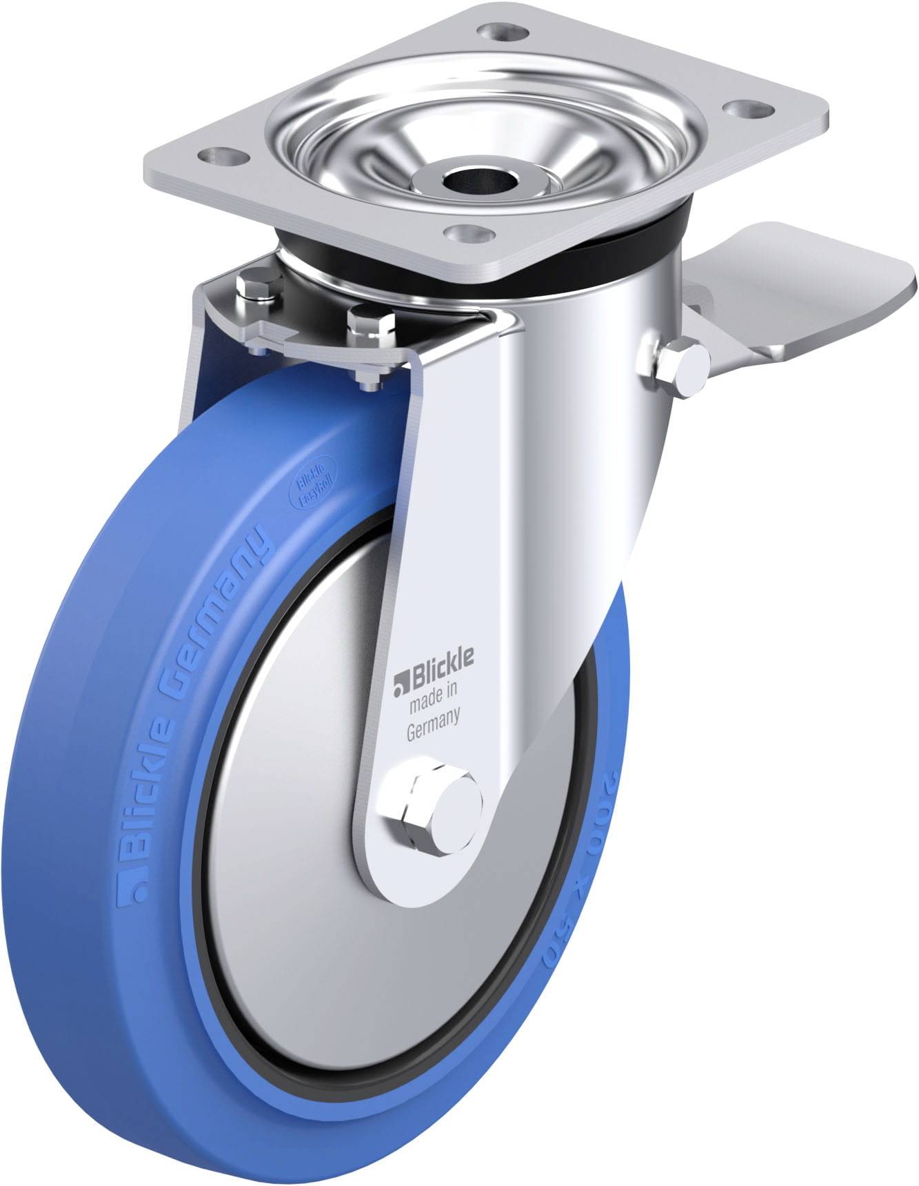 Blaues Lenkrolle mit silbernem Gehäuse, beschriftet 'Blickle made in Germany', für Möbel oder Transportgeräte.