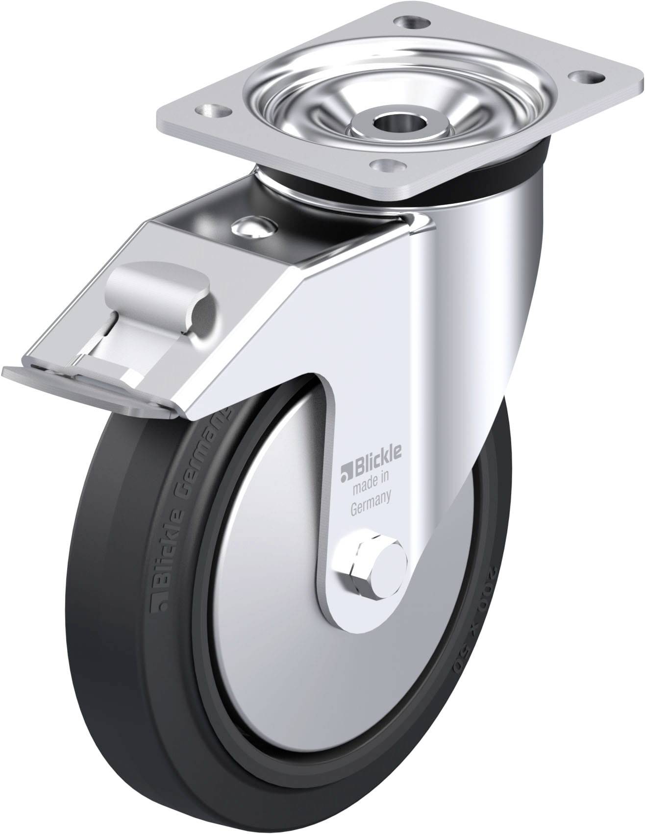 Metallisches Lenkrollenrad mit schwarzem Gummi, Befestigungsplatte oben, für leichte Beweglichkeit und Transportanwendungen.