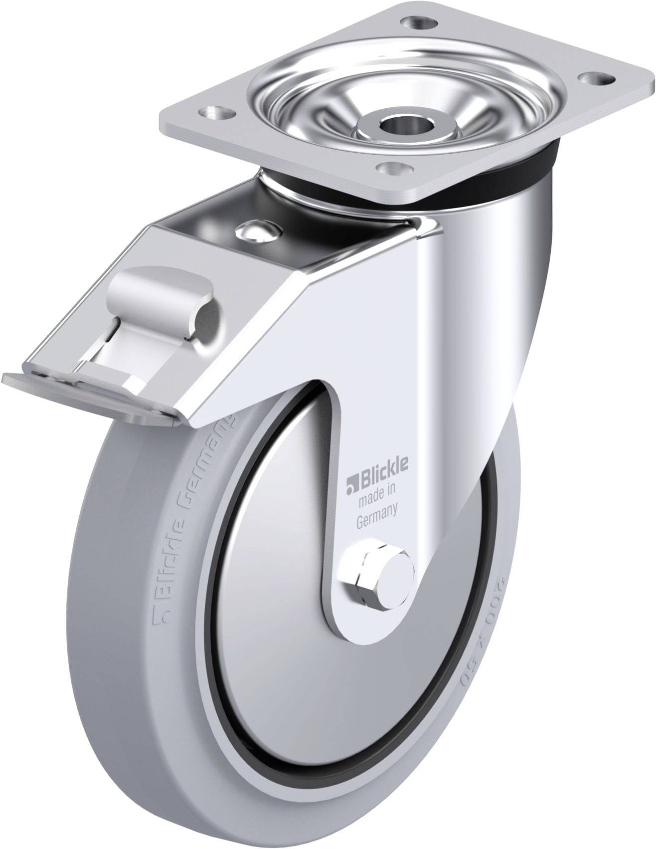 Industrie-Lenkrolle aus Metall mit grauem Rad und Montageplatte. Gezeigt ist die Seitenansicht eines Rads mit Kugellager.