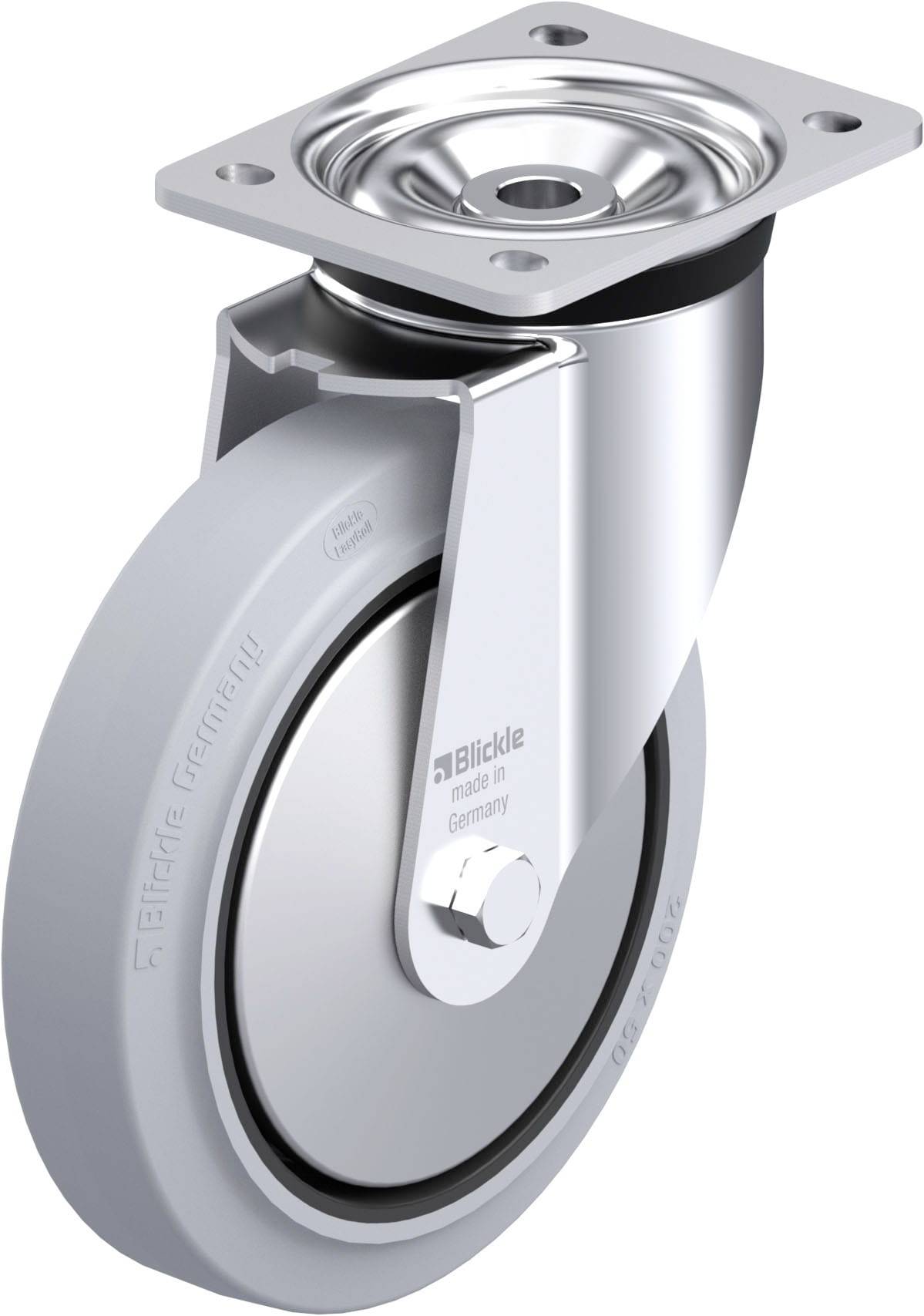 Metallisches Lenkrollenrad mit grauem Rad und Befestigungsplatte, geeignet für industrielle Anwendungen.