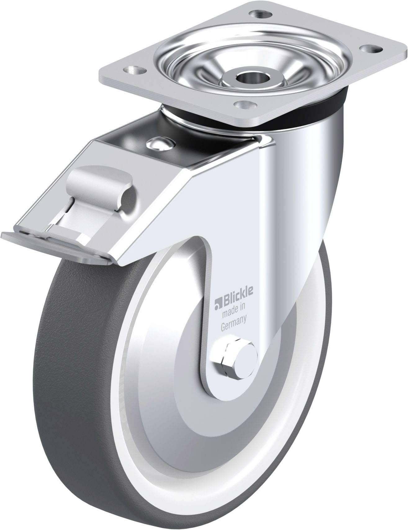 Industrie-Lenkrolle mit grauem Rad, metallischer Halterung und Befestigungsplatte. Aufschrift 'Blickle made in Germany'.