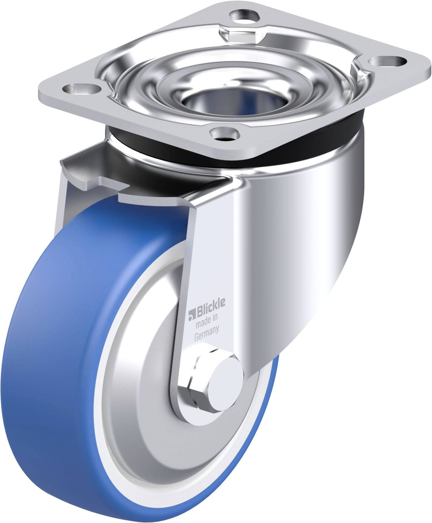 Schwenkrolle mit blauer Gummibereifung und Metallgehäuse, geeignet für Möbel- oder Gerätebeweglichkeit. Markenlogo sichtbar.