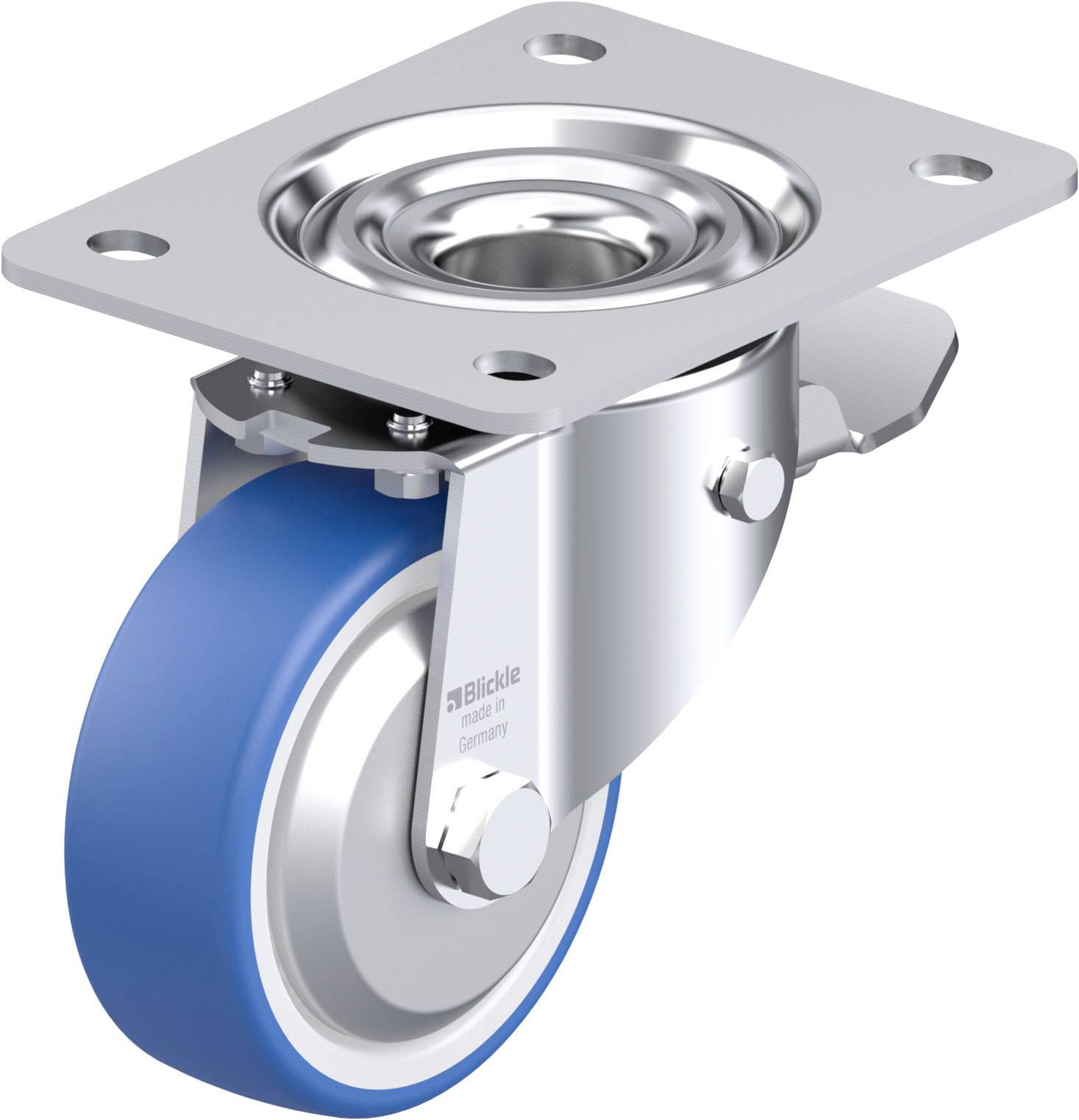 Schwenkrolle mit blauem Rad und Metallplatte, geeignet für Anwendungen mit hoher Tragfähigkeit.