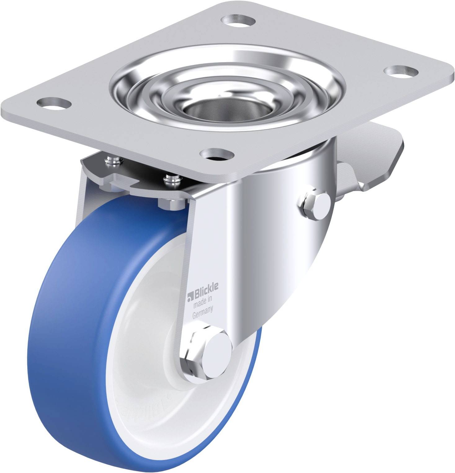 Ein blau-weißes Schwenkrolle mit Metallgehäuse, montierbarer Platte und Kugellager, geeignet für Möbel oder Industriestrukturen.