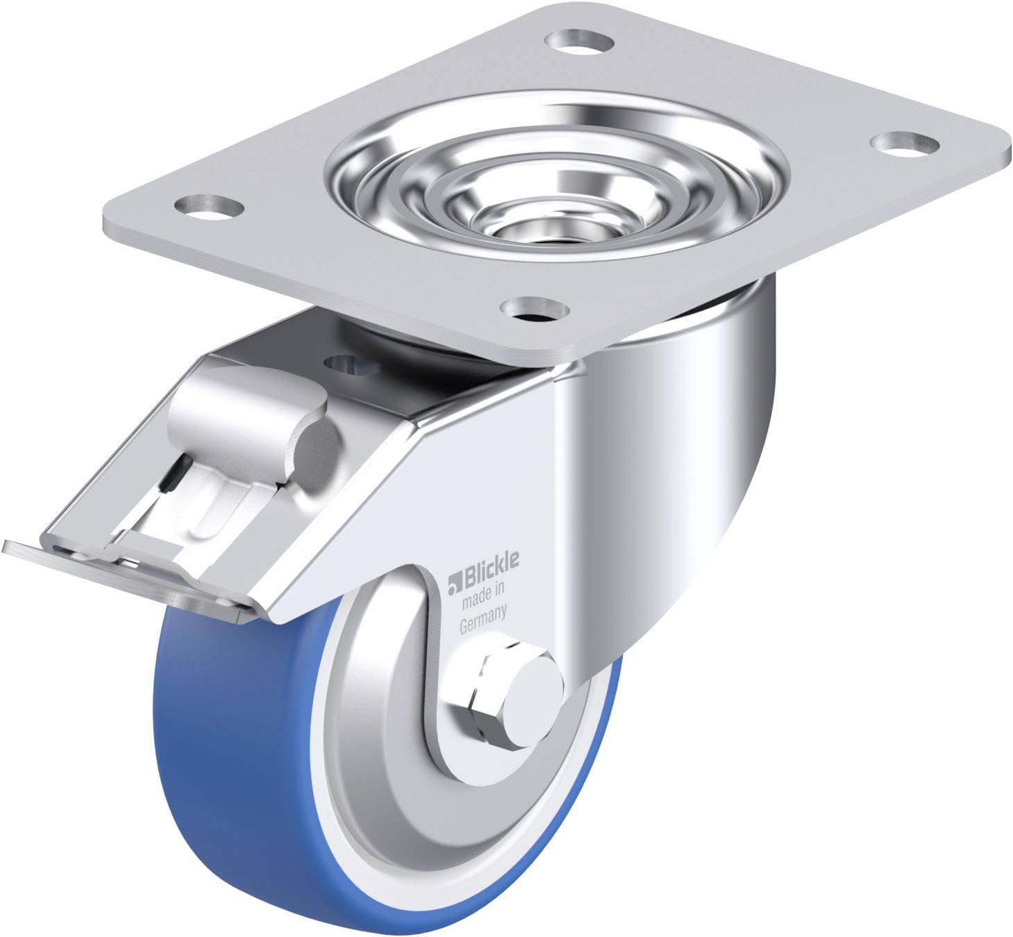 Eine drehbare Lenkrolle aus Metall mit blauer Gummilauffläche, geeignet für Möbel oder Transportgeräte.