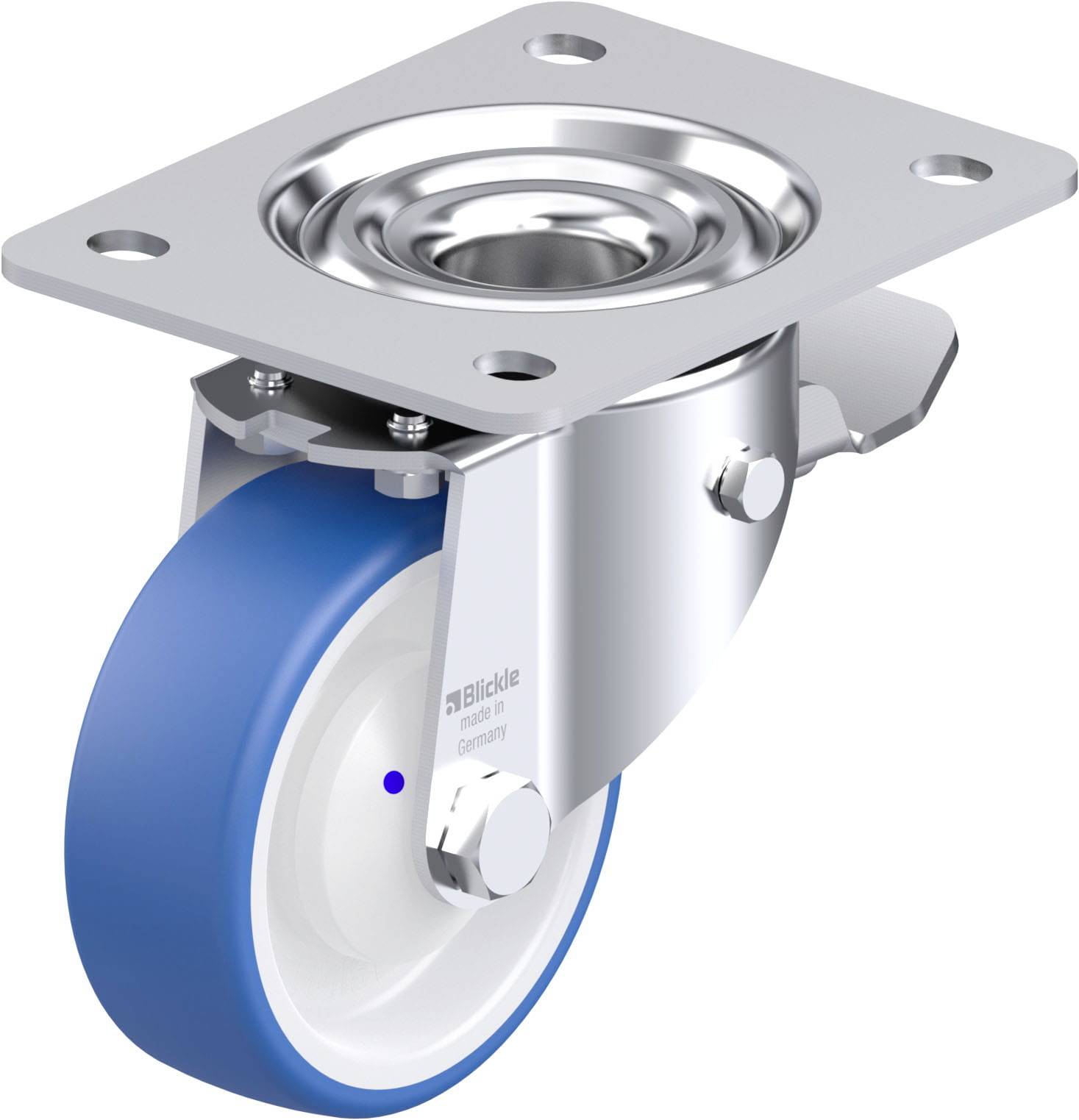 Rollen mit blauer Kunststofflauffläche und Metallgabel, passend für Transportgeräte. Markenlogo und Seriennummer auf der Seite.