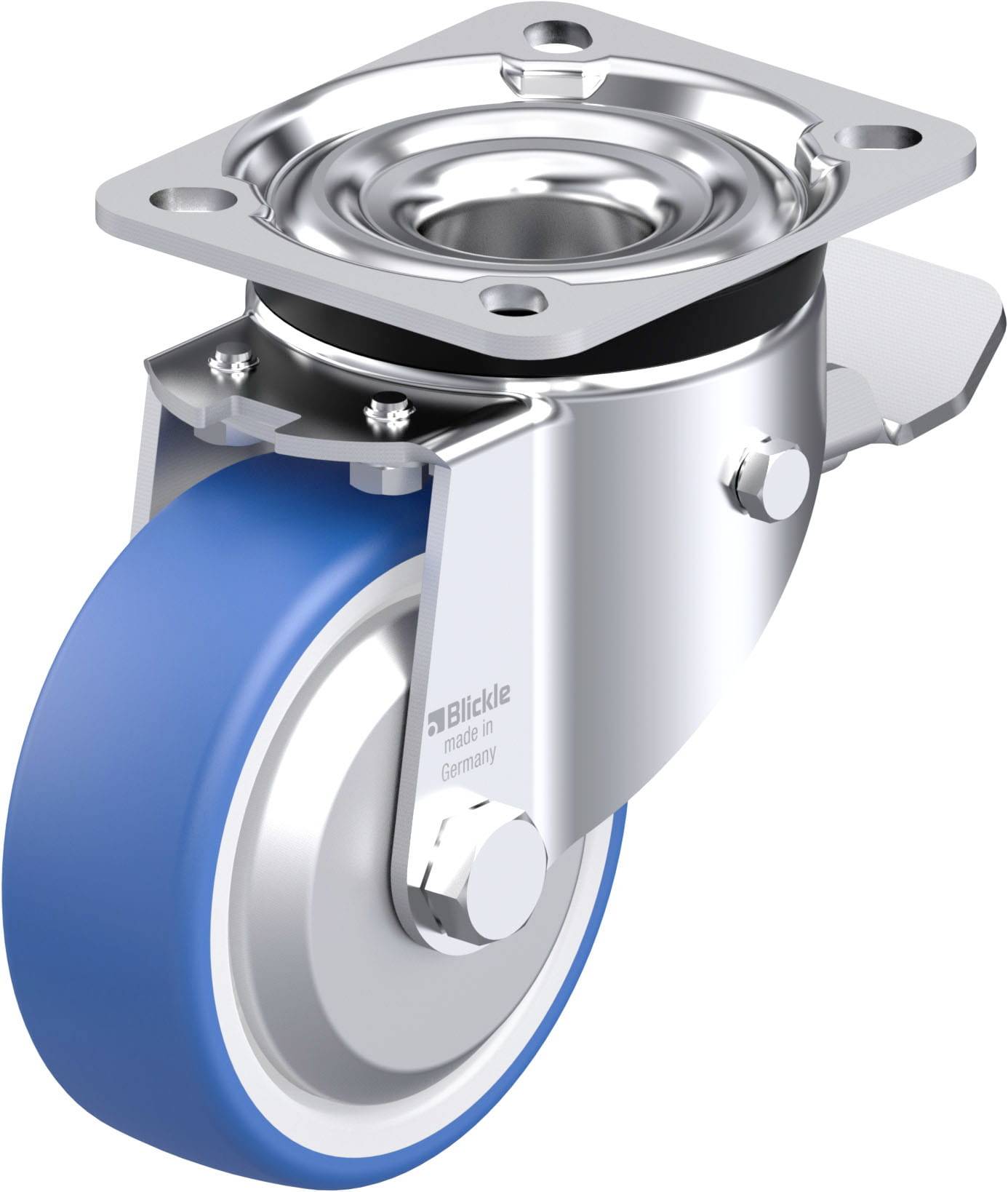 Rollende Apparate-Lenkrolle mit blauer Polyurethan-Lauffläche und silbernem Metallgehäuse, geeignet für industrielle Anwendungen.