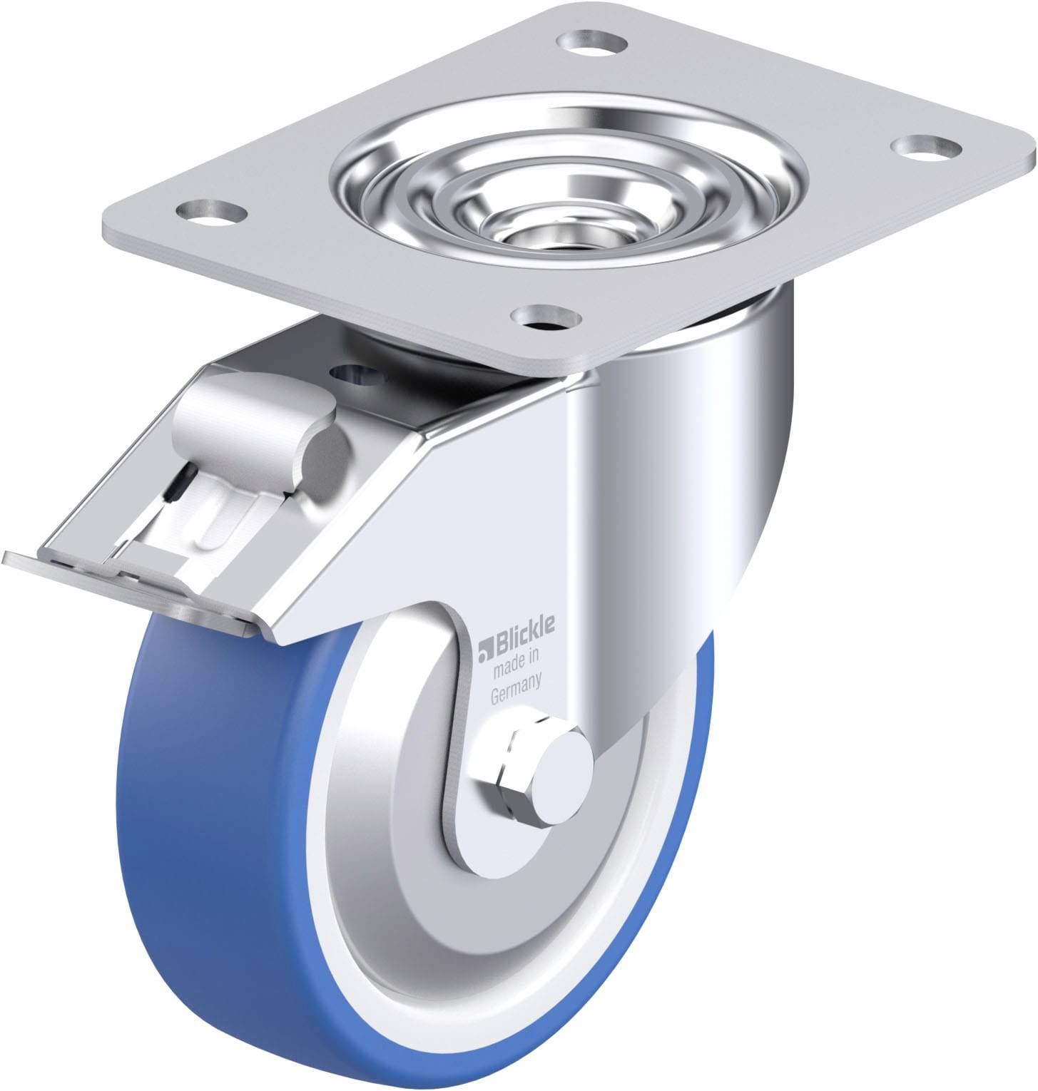 Ein drehbares Möbel-Lenkrollensystem aus Metall mit einer blauen Gummibeschichtung. Geeignet für einfache Bewegung schwerer Gegenstände.