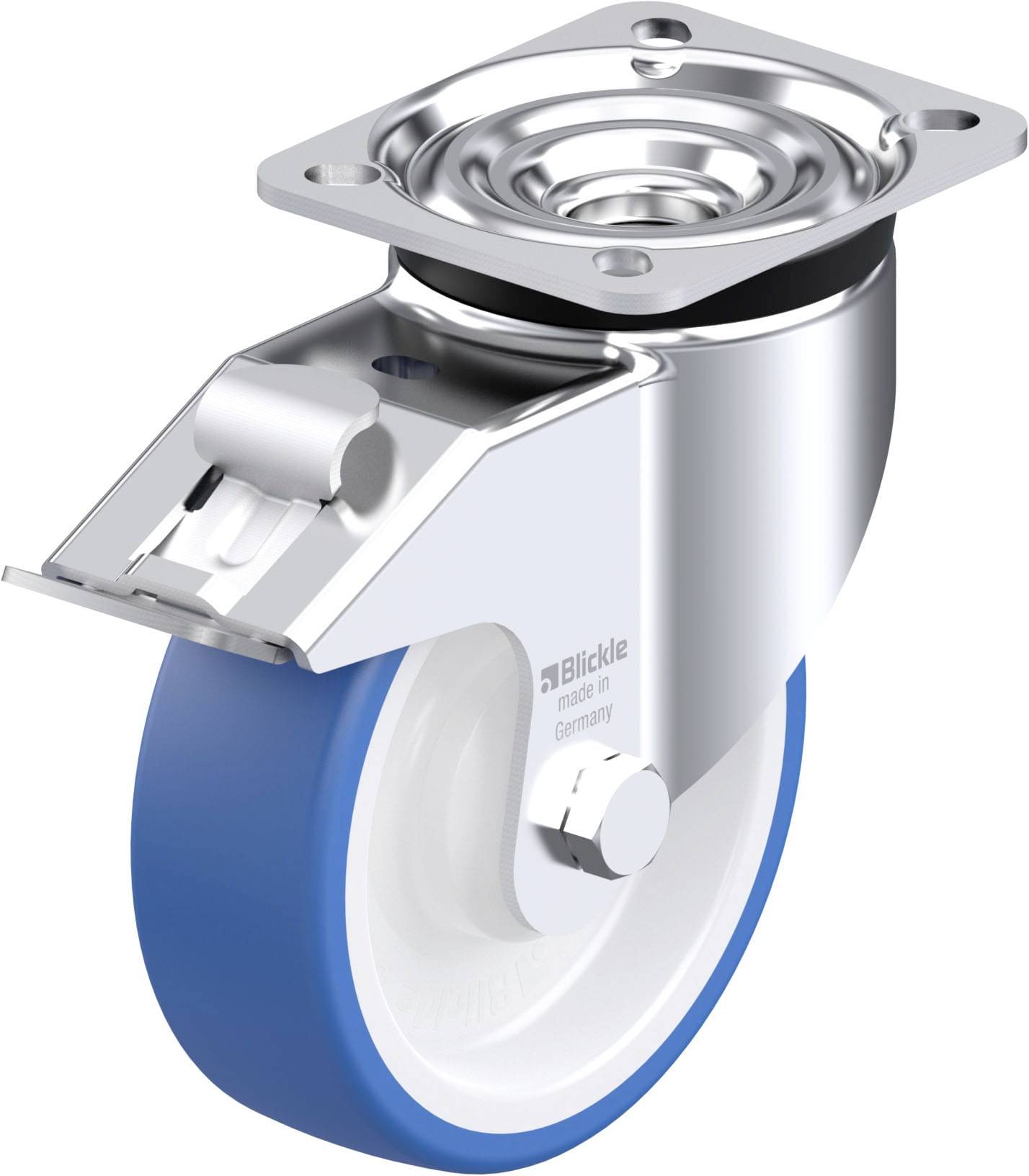 Drehbares Rollenrad aus Metall und Kunststoff, silber und blau, von Blickle. Produkt für Transportlösungen, hergestellt in Deutschland.