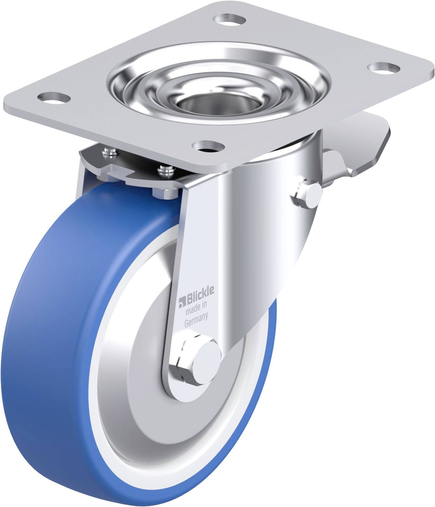 Industrie-Rolle mit blauem Rad und Metallgehäuse mit Befestigungsplatte, geeignet für schwere Lasten in gewerblichen Anwendungen.