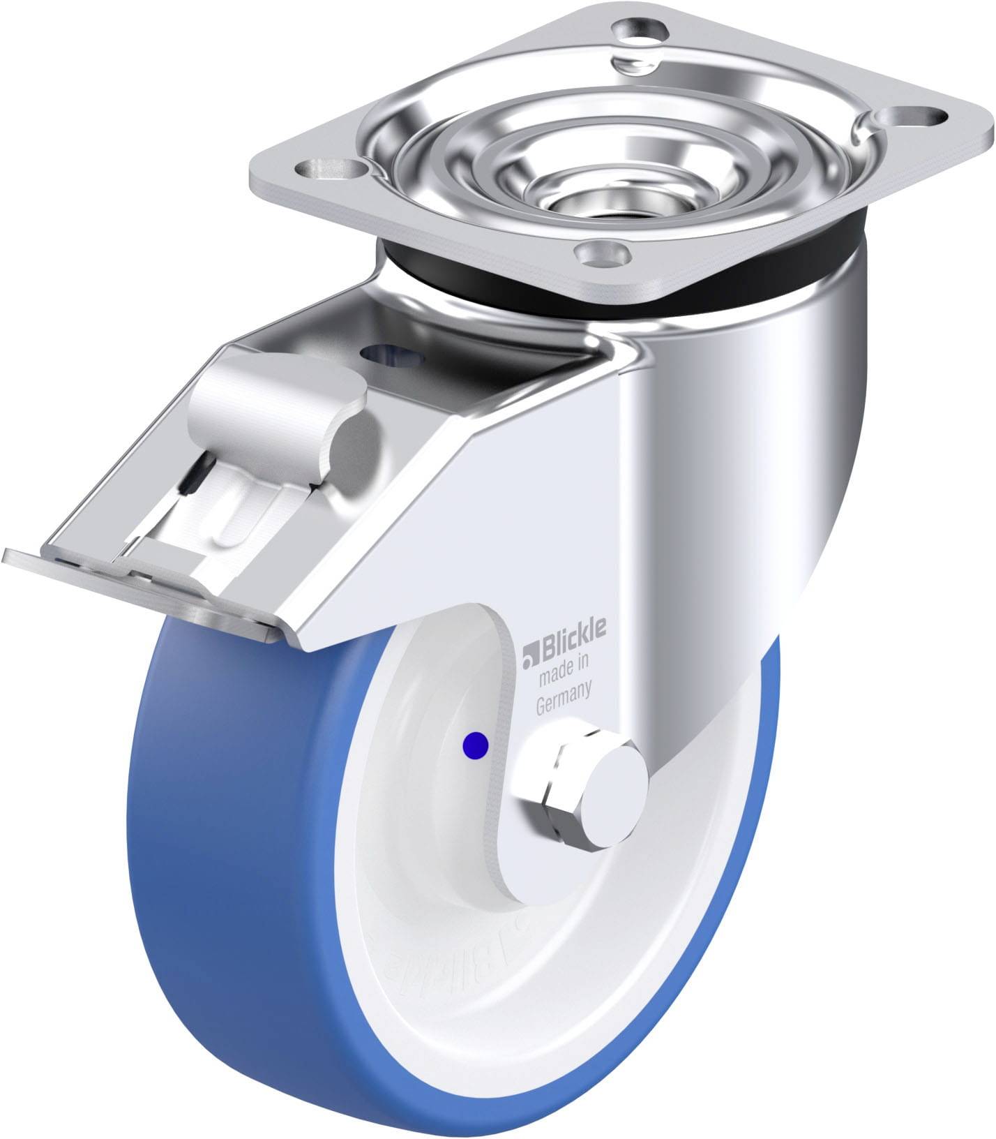 Eine lenkbare Rolle mit blauer Kunststofflauffläche und Metallgehäuse. Geeignet für Möbel oder Transportwagen in Innenräumen.