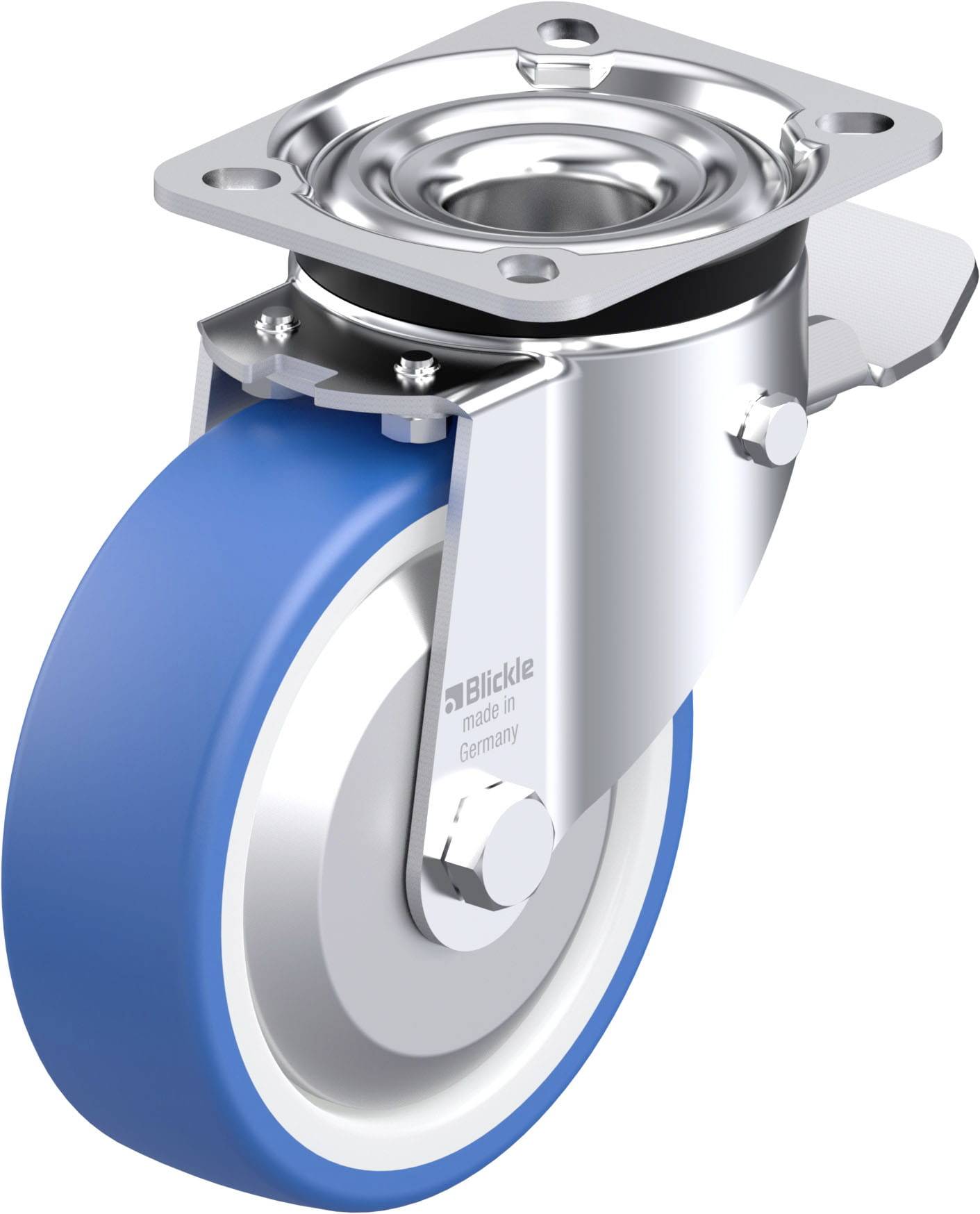Ein blau-weißer Industrierad mit Metallhalterung und Rotationslager, für Schwerlastanwendungen, von der Marke Blickle.