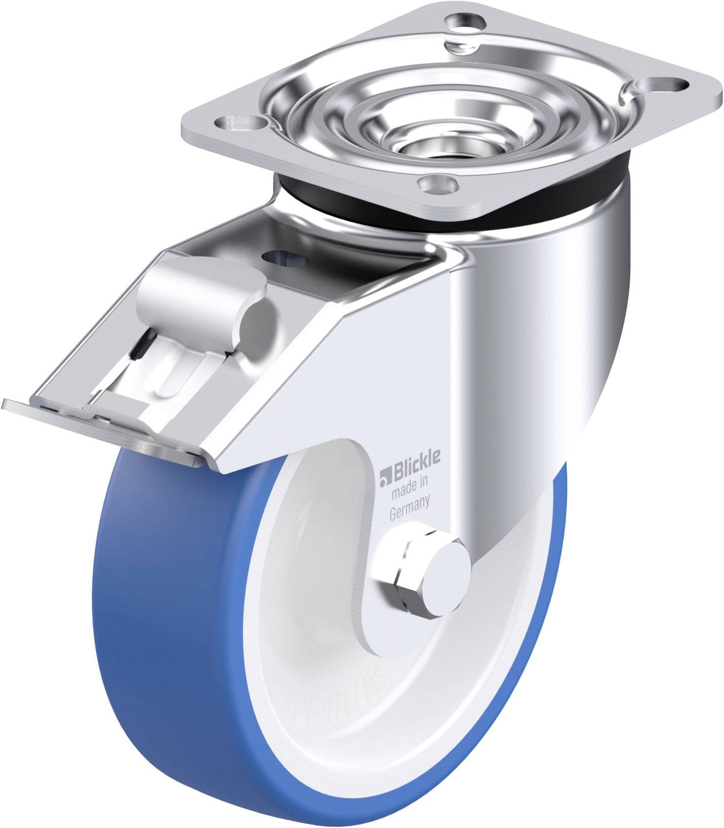 Lenkrolle mit Bremse, blau-weiße Gummilauffläche, silbernes Gehäuse; geeignet für den Einsatz an Transportwagen und Möbeln.