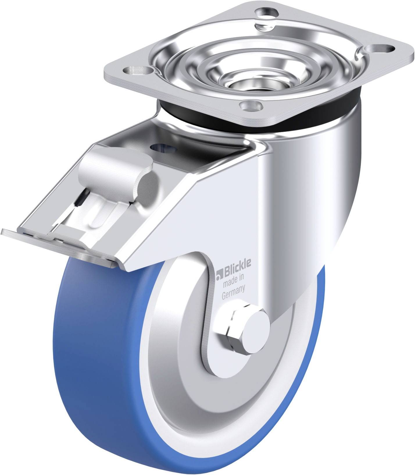 Schwenkrolle aus Metall mit blauer Gummibereifung und Befestigungsplatte, geeignet für den Einsatz an Transportgeräten.